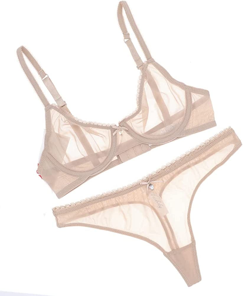 See through Bra and Panties, Sheer Mesh Bra and Panty Set for Women Sexy, Unlined Lace Bra, Underwire Bra Beige2 / 34B