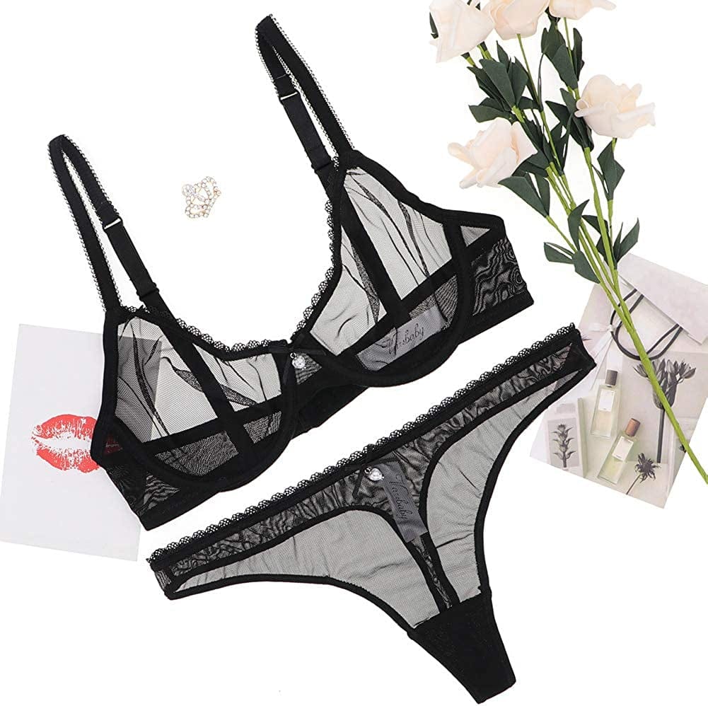 See through Bra and Panties, Sheer Mesh Bra and Panty Set for Women Sexy, Unlined Lace Bra, Underwire Bra Black2 / 40D