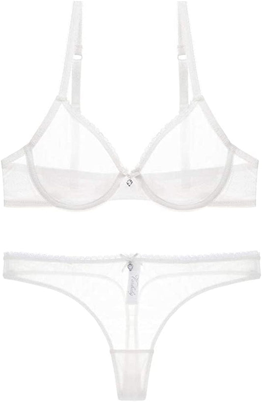 See through Bra and Panties, Sheer Mesh Bra and Panty Set for Women Sexy, Unlined Lace Bra, Underwire Bra White2 / 40D