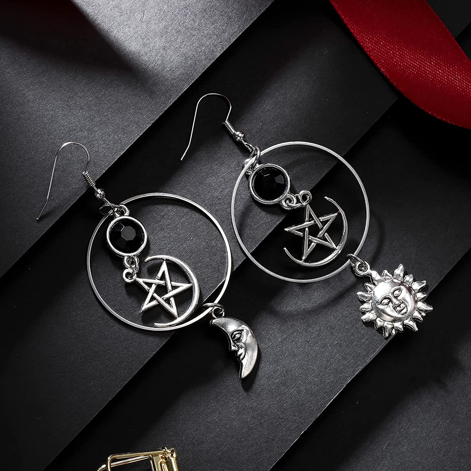 Selenichast Sword Earrings Gothic Dagger Earrings Pentagram Sun and Moon Earrings Punk Vintage Dangle Earrings for Women Men