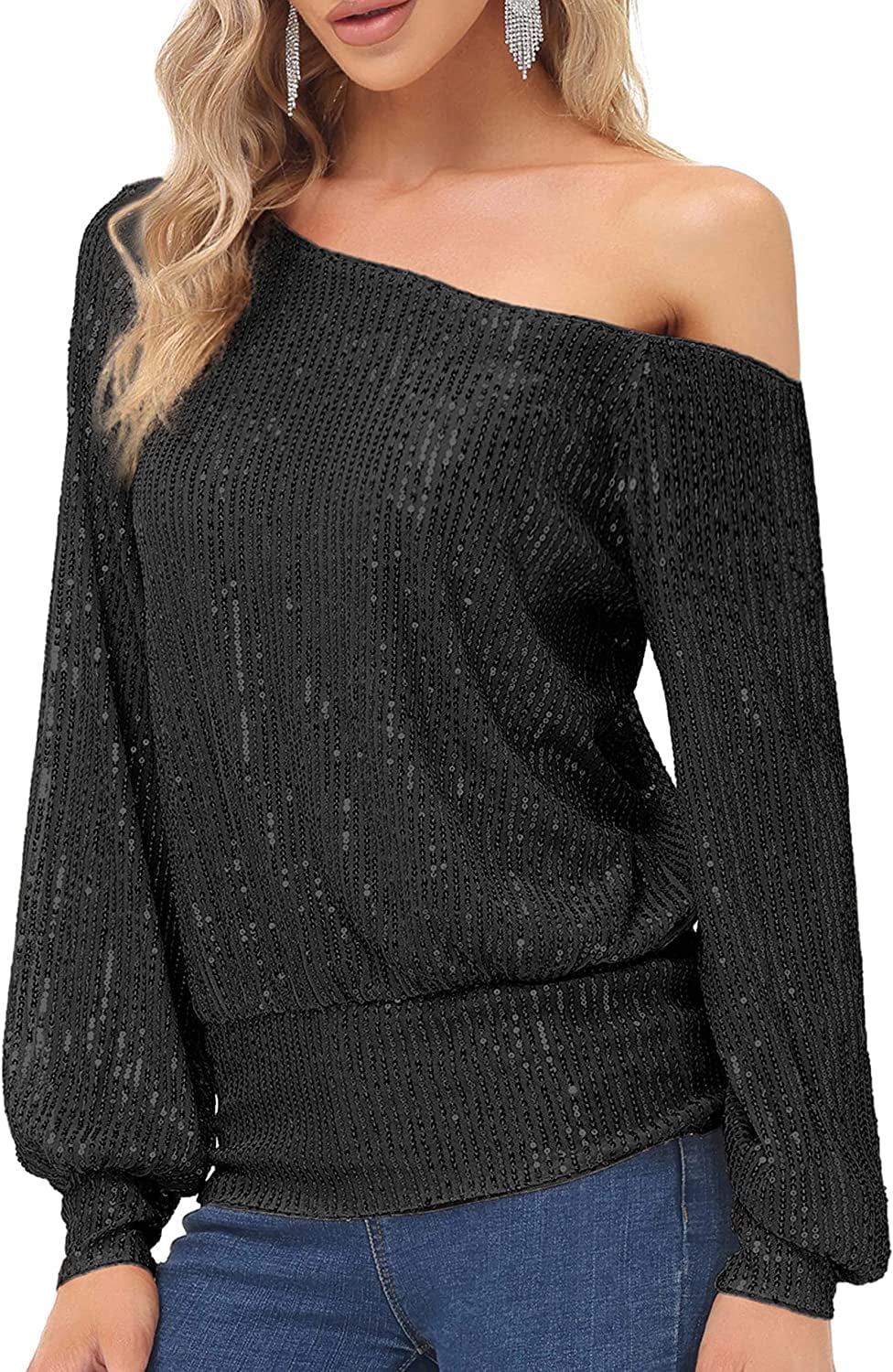 Sequin One Shoulder Sparkly Long Sleeve Tops for Holiday Evening Party Club Night Black / Small