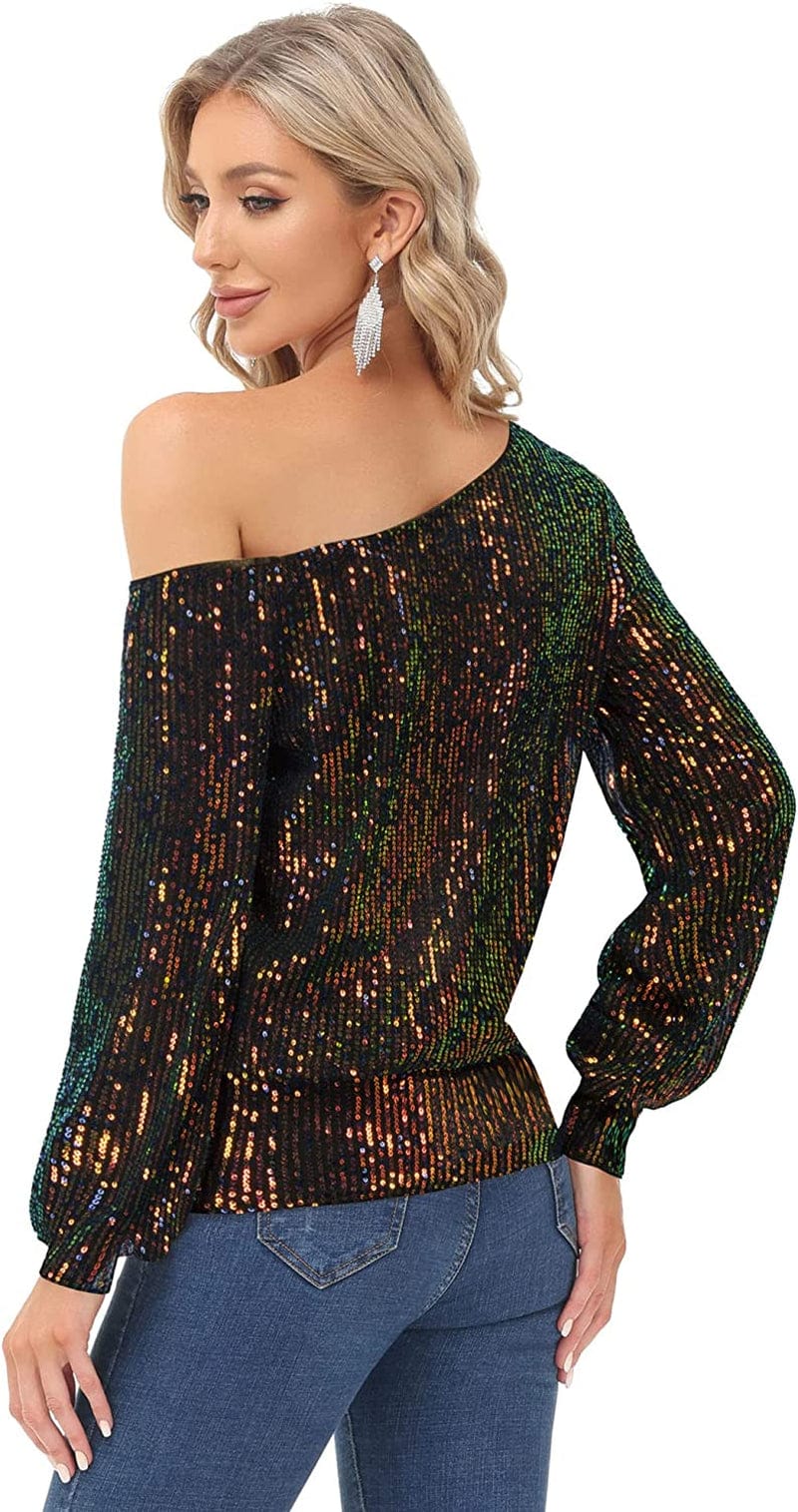 Sequin One Shoulder Sparkly Long Sleeve Tops for Holiday Evening Party Club Night