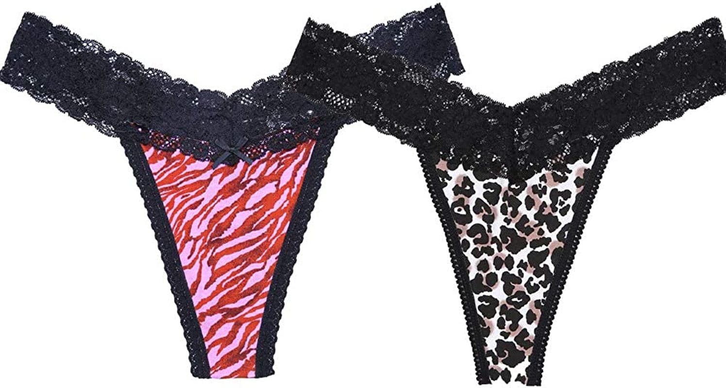 Sesil 10-Pack Leopard Print Color Cotton Lace Thong Low Waist Yoga Sports Home Seamless Panties for Women Multicoloured / XX-Large