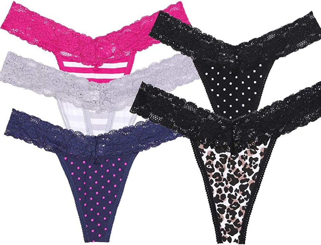 Sesil 10-Pack Leopard Print Color Cotton Lace Thong Low Waist Yoga Sports Home Seamless Panties for Women Multicoloured / XX-Large