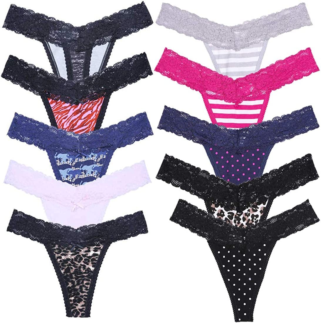 Sesil 10-Pack Leopard Print Color Cotton Lace Thong Low Waist Yoga Sports Home Seamless Panties for Women Multicoloured / XX-Large