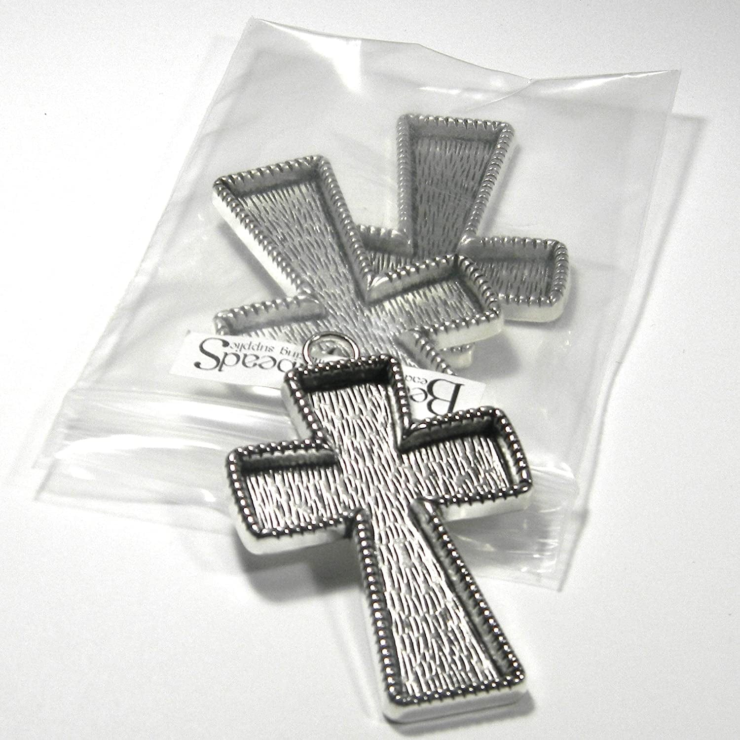 Set of 3 Big Antique Silver Cross Pendant Charms with Embellishing Bezel Cup Setting