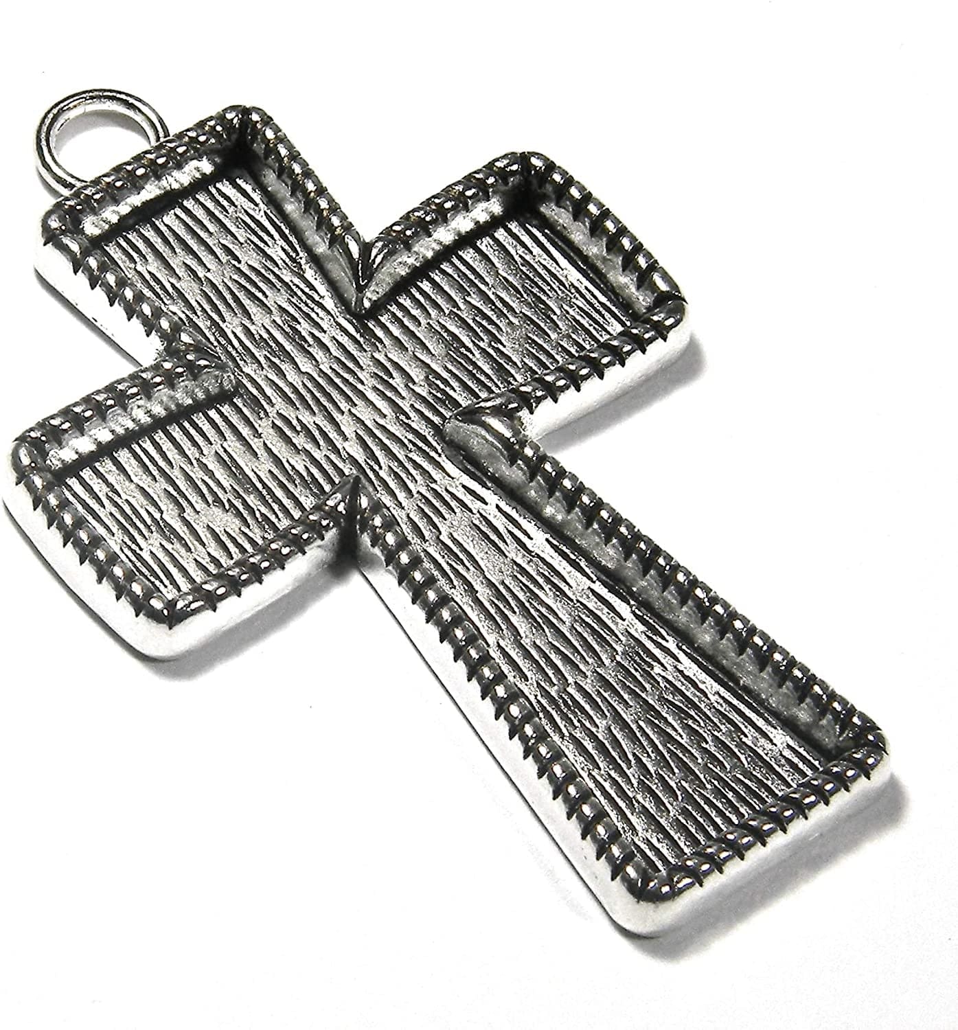 Set of 3 Big Antique Silver Cross Pendant Charms with Embellishing Bezel Cup Setting