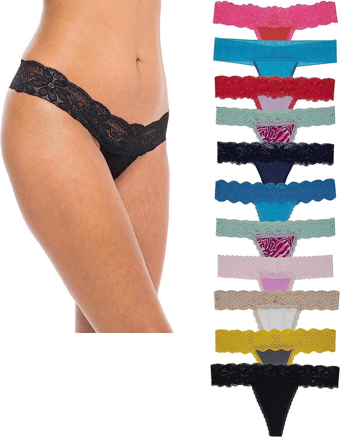 Sexy Basics Women'S Thin Lace Hollowed Out T Back Low V Waisted Sexy Cheeky Thong | See through Panties -Multi Packs 10 Pack -Assorted Grab Bags Solids & Prints / X-Large