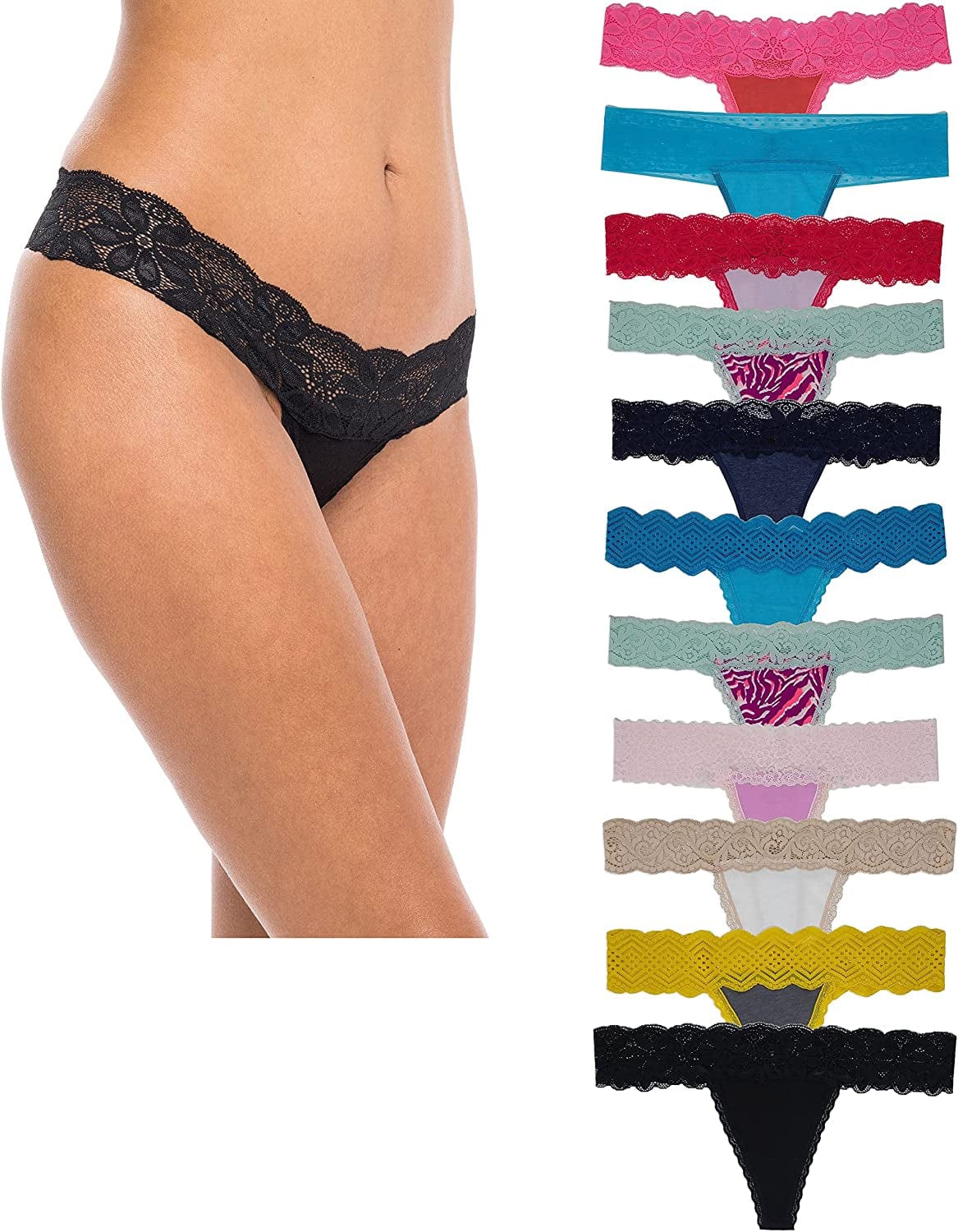 Sexy Basics Women'S Thin Lace Hollowed Out T Back Low V Waisted Sexy Cheeky Thong | See through Panties -Multi Packs 10 Pack -Assorted Grab Bags Solids & Prints / Large