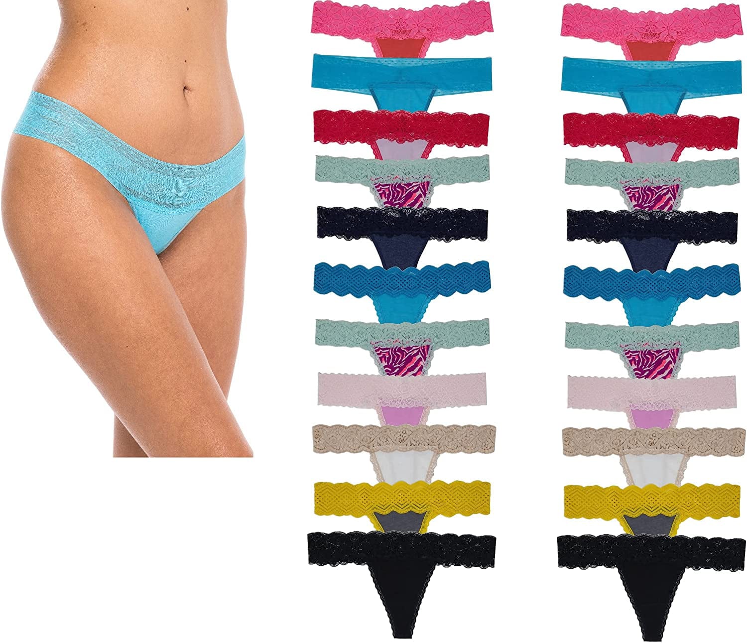 Sexy Basics Women'S Thin Lace Hollowed Out T Back Low V Waisted Sexy Cheeky Thong | See through Panties -Multi Packs 20 Pack - Grab Bag Assorted - May Be Duplicates / Large