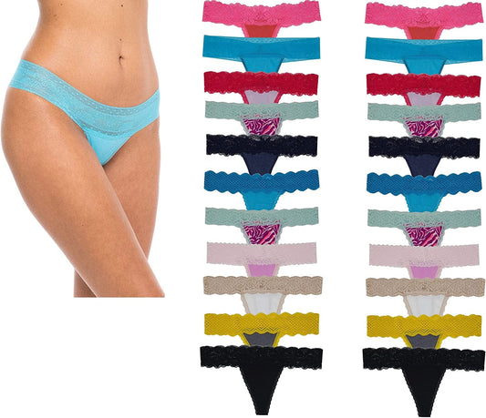 Sexy Basics Women'S Thin Lace Hollowed Out T Back Low V Waisted Sexy Cheeky Thong | See through Panties -Multi Packs 20 Pack - Grab Bag Assorted - May Be Duplicates / Large