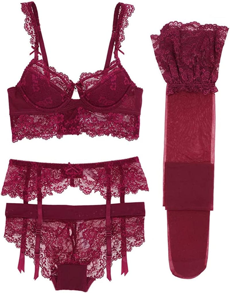 Sexy Code 1701 Women Push up Lace Bras Set Lace Lingerie Bra and Panties and Socks 5 Piece