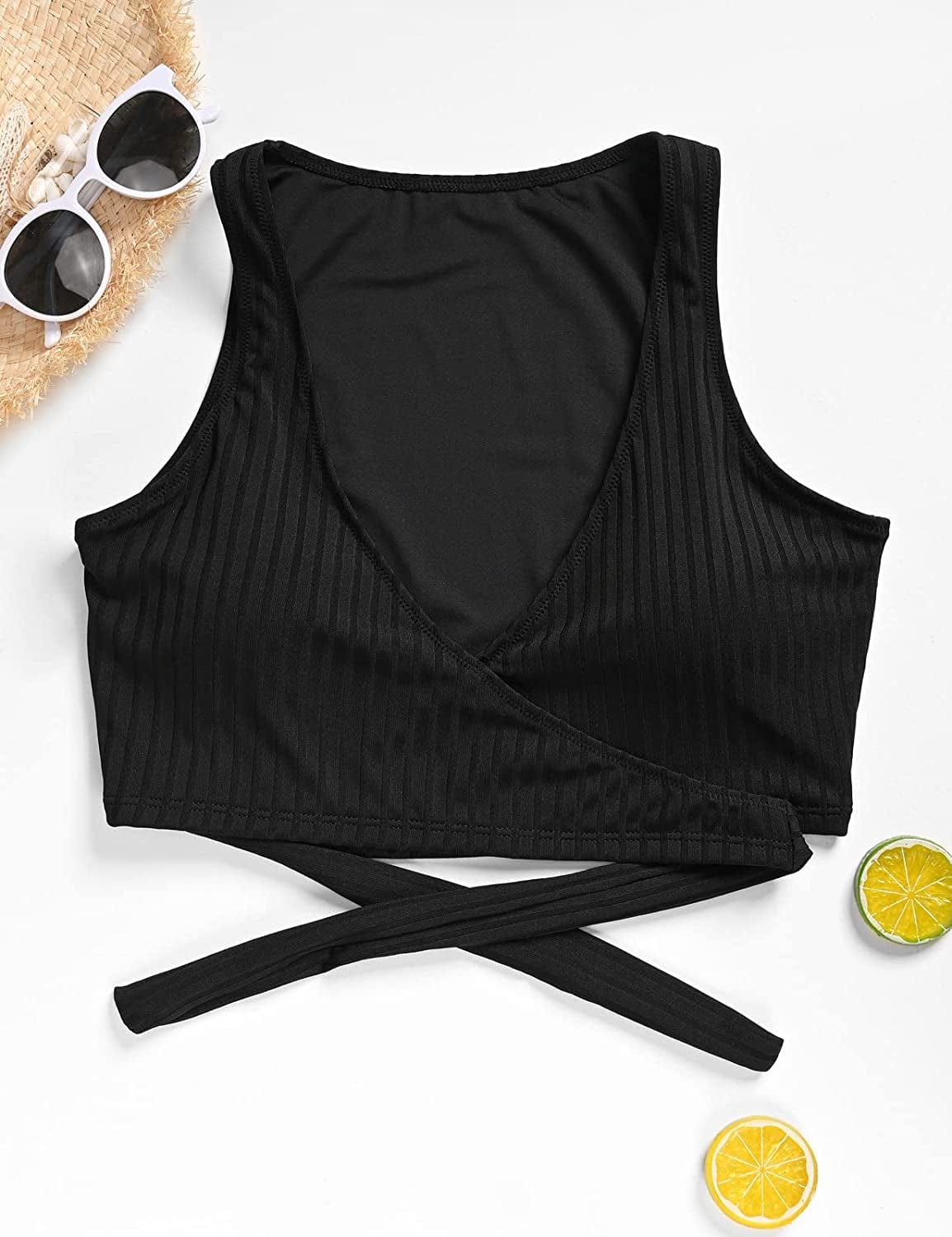 Sexy Crop Tops for Women Deep V Neck Tie Back Wrap Top Sleeveless Ribbed Slim Tank Top with Built in Bra