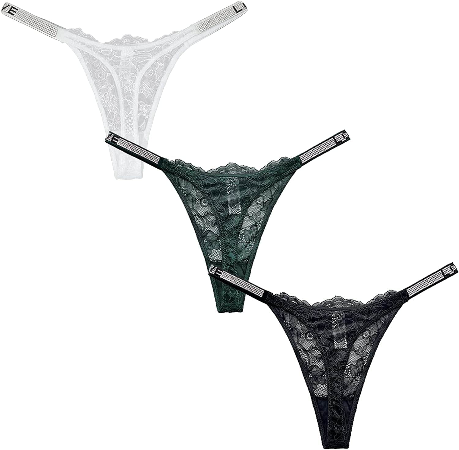 Sexy Thong Panties, Women Rhinestones G-String Low-Rise Tanga Floral Lace Briefs T-Back Thongs Underwear Pack of 3 Black,white,green / Large