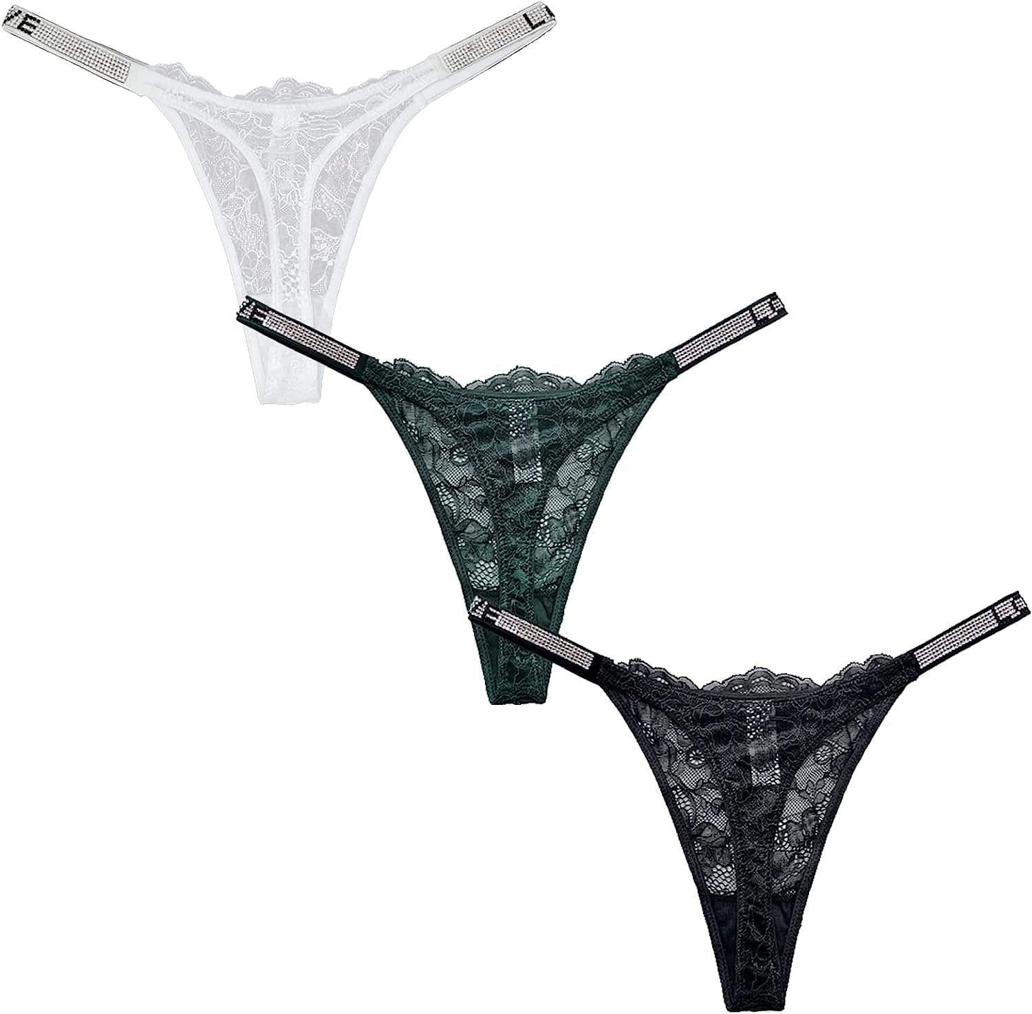 Sexy Thong Panties, Women Rhinestones G-String Low-Rise Tanga Floral Lace Briefs T-Back Thongs Underwear Pack of 3 Black,white,green / Medium