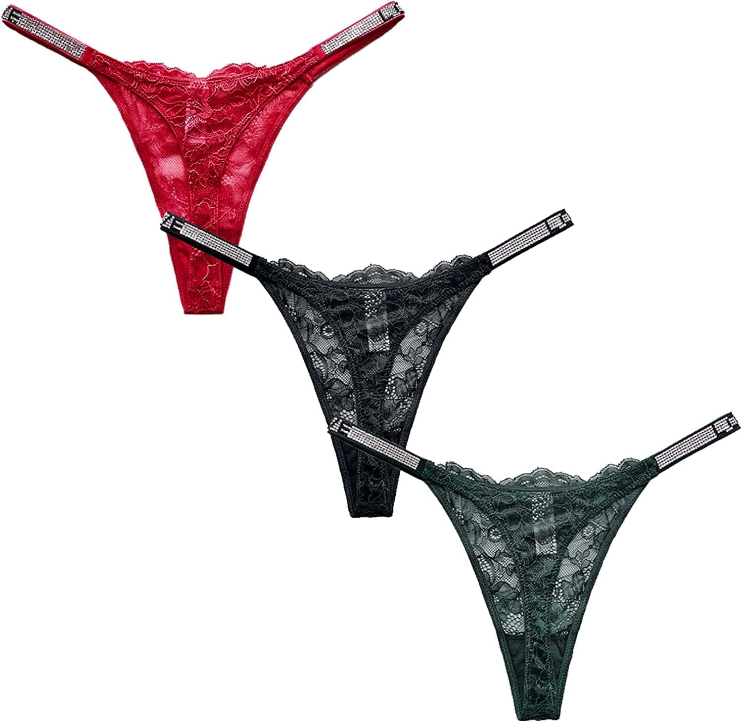 Sexy Thong Panties, Women Rhinestones G-String Low-Rise Tanga Floral Lace Briefs T-Back Thongs Underwear Pack of 3 Red,black,green / Large