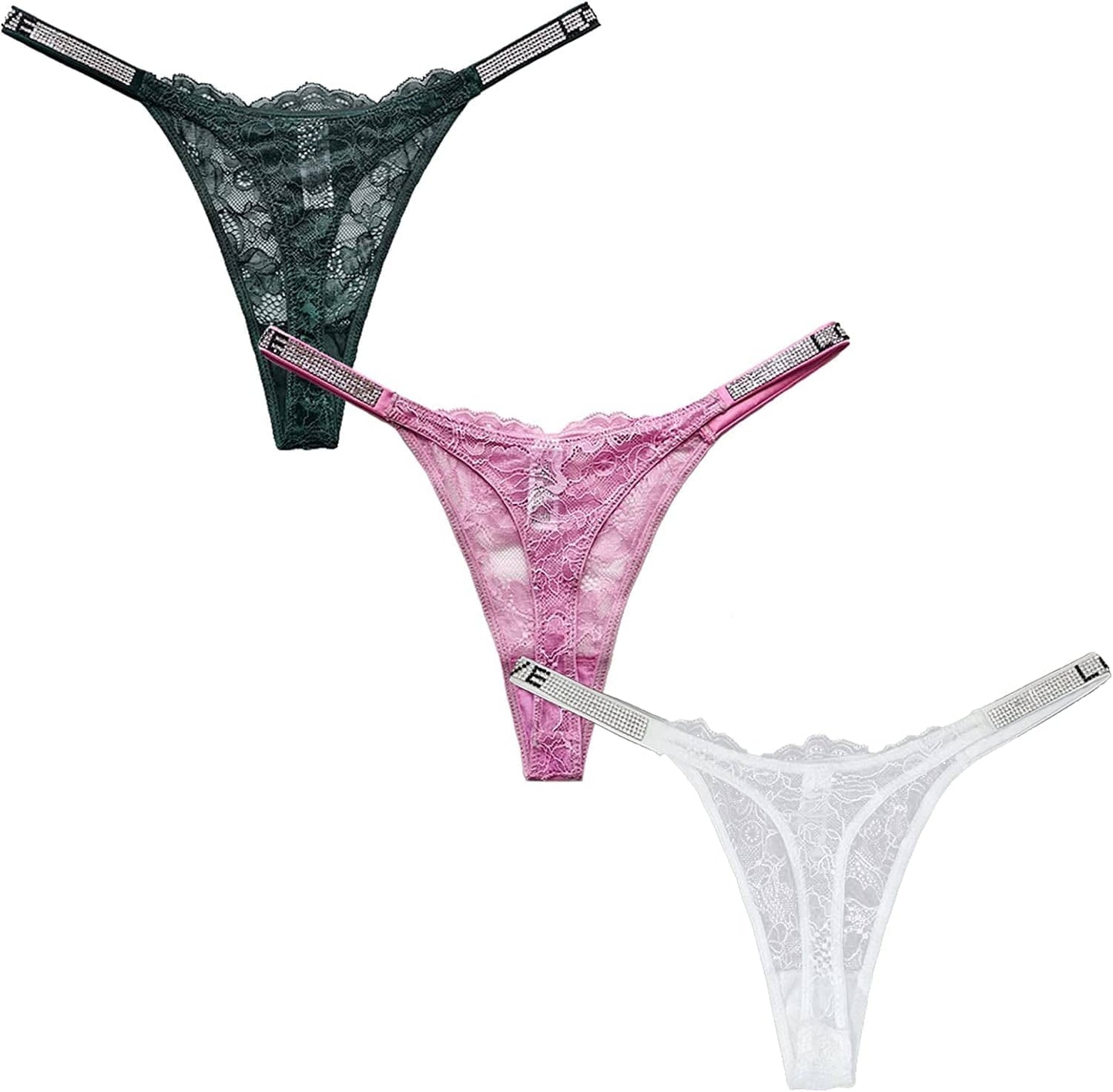 Sexy Thong Panties, Women Rhinestones G-String Low-Rise Tanga Floral Lace Briefs T-Back Thongs Underwear Pack of 3 White,green,pink / Large