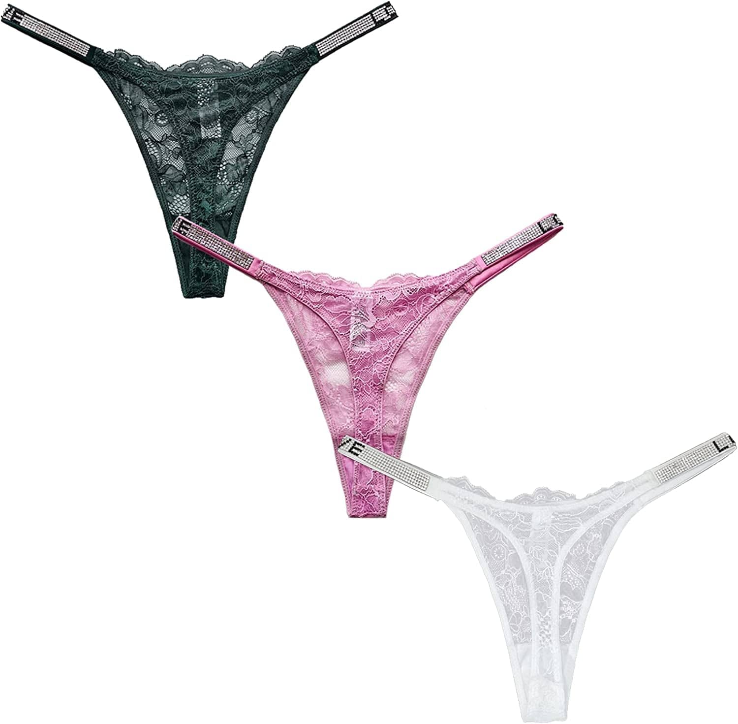 Sexy Thong Panties, Women Rhinestones G-String Low-Rise Tanga Floral Lace Briefs T-Back Thongs Underwear Pack of 3 White,green,pink / Large