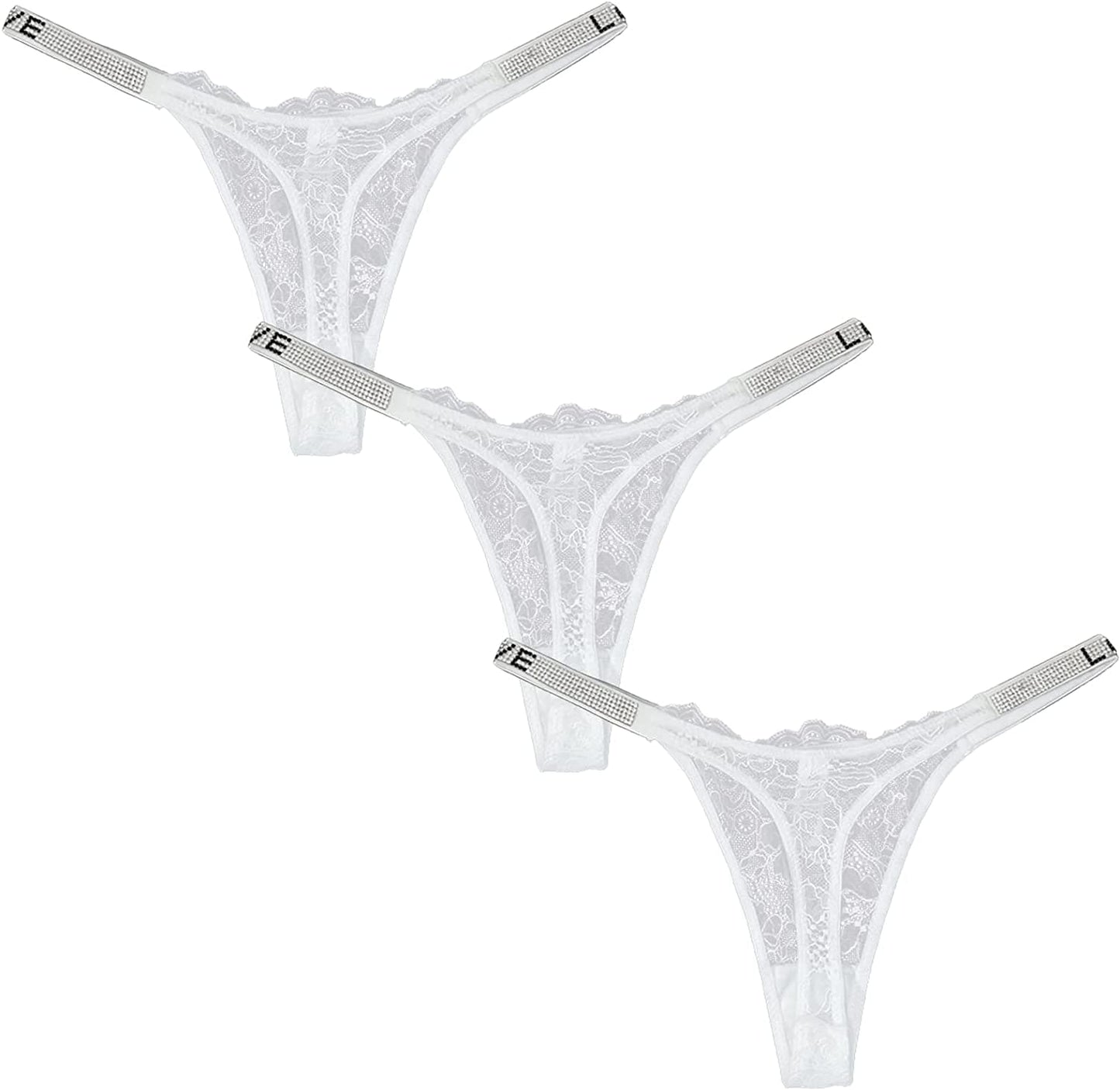 Sexy Thong Panties, Women Rhinestones G-String Low-Rise Tanga Floral Lace Briefs T-Back Thongs Underwear Pack of 3 White / Large