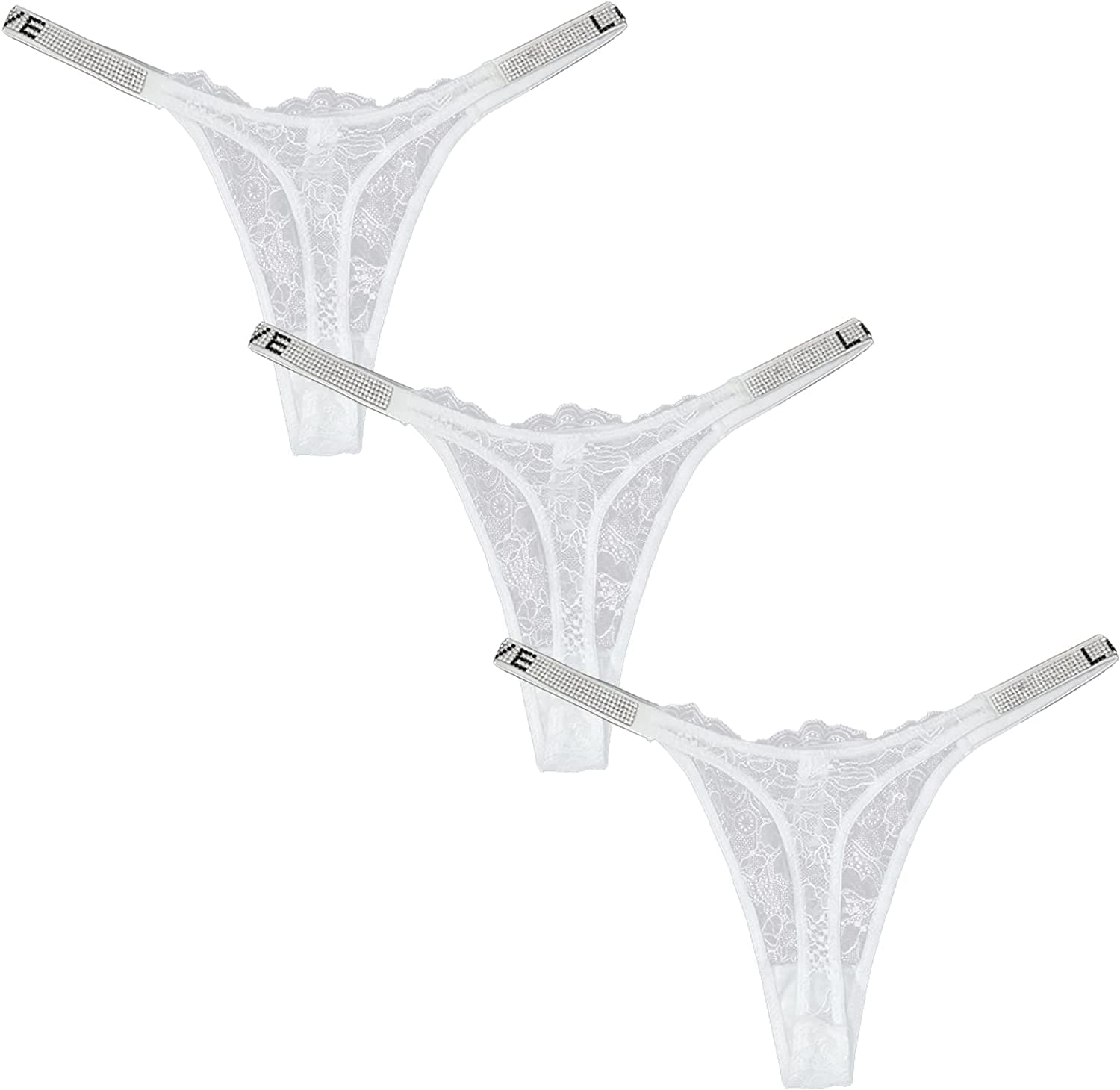 Sexy Thong Panties, Women Rhinestones G-String Low-Rise Tanga Floral Lace Briefs T-Back Thongs Underwear Pack of 3 White / Large