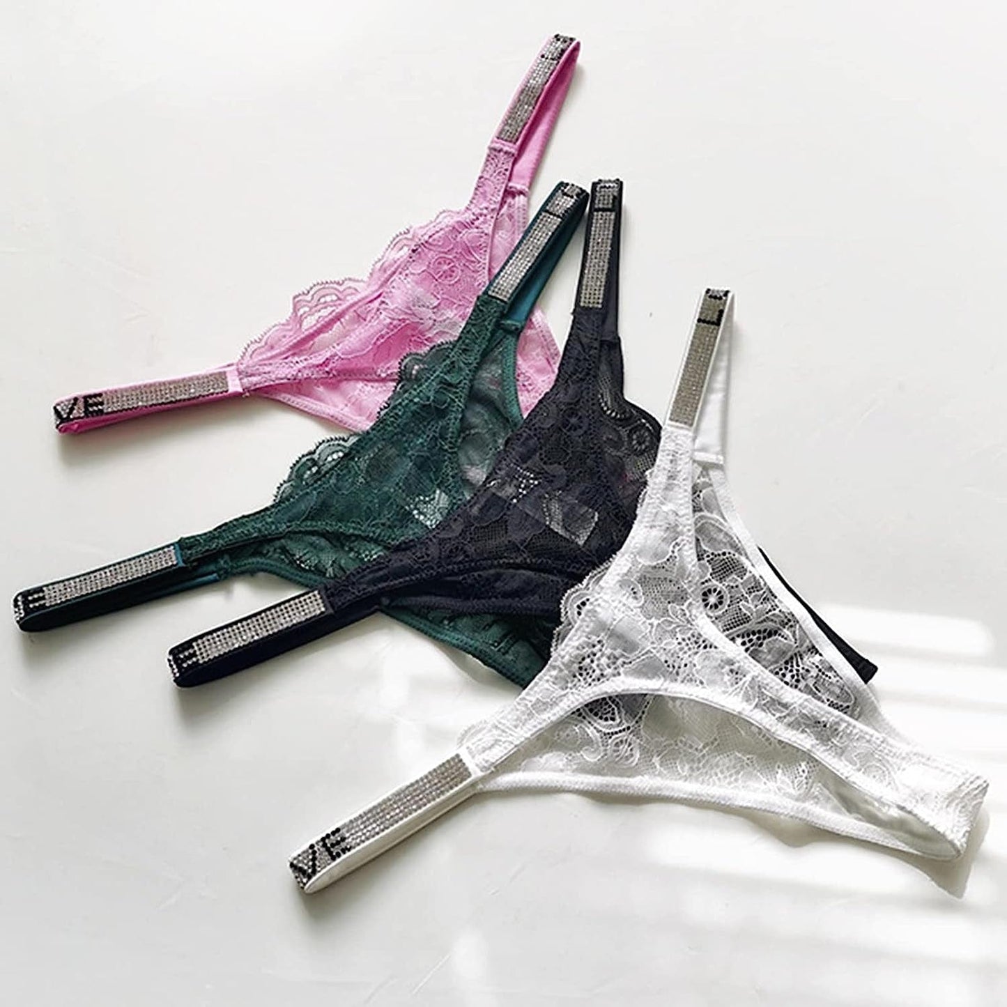 Sexy Thong Panties, Women Rhinestones G-String Low-Rise Tanga Floral Lace Briefs T-Back Thongs Underwear Pack of 3