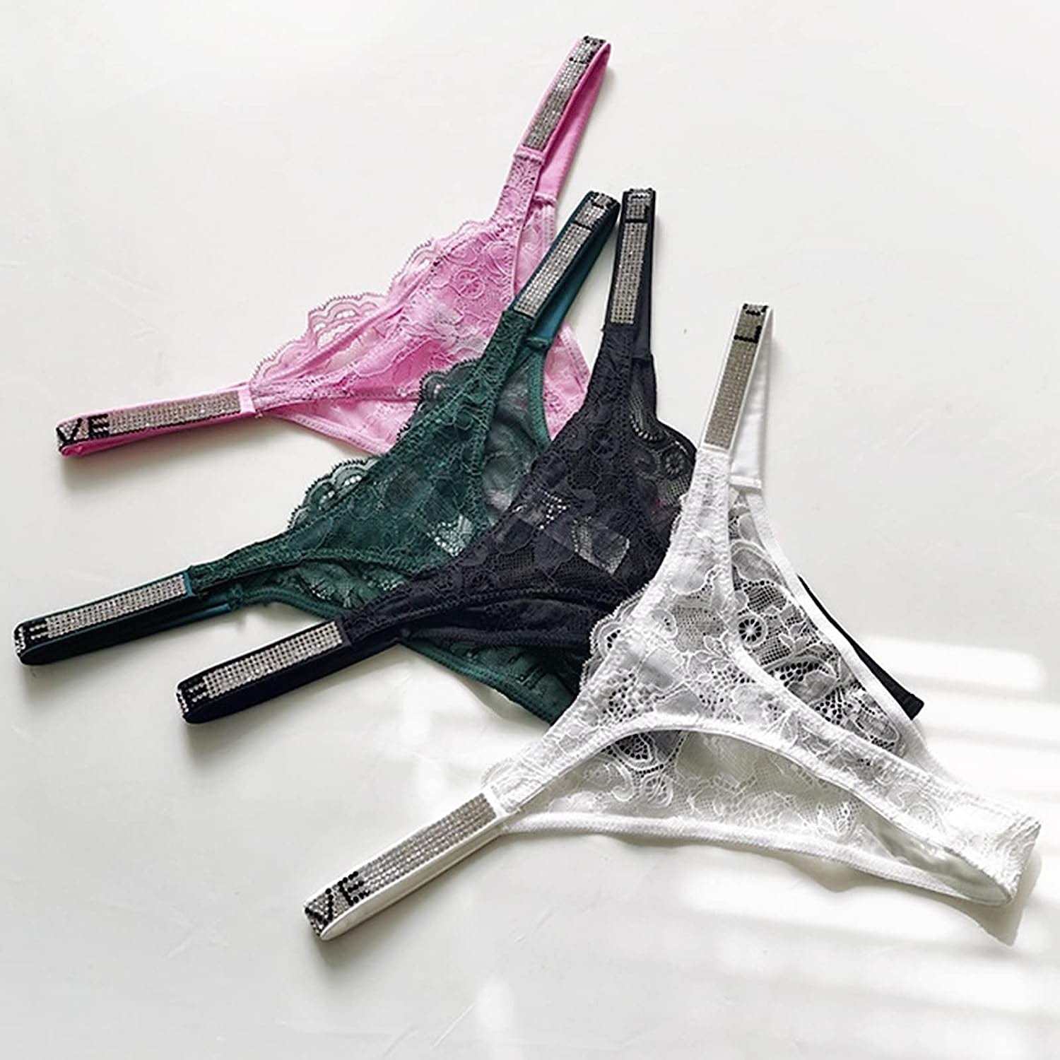 Sexy Thong Panties, Women Rhinestones G-String Low-Rise Tanga Floral Lace Briefs T-Back Thongs Underwear Pack of 3