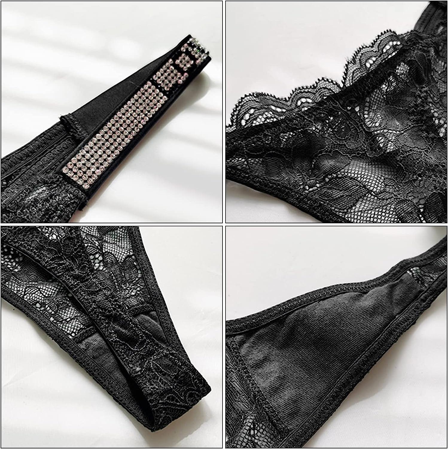 Sexy Thong Panties, Women Rhinestones G-String Low-Rise Tanga Floral Lace Briefs T-Back Thongs Underwear Pack of 3