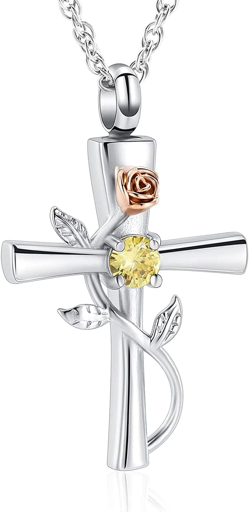 Shajwo Cross Urn Necklace for Ashes Birthstone Rose Flower Cremation Jewelry for Women Gilrs Keepsake Memorial Ashes Pendant Yellow