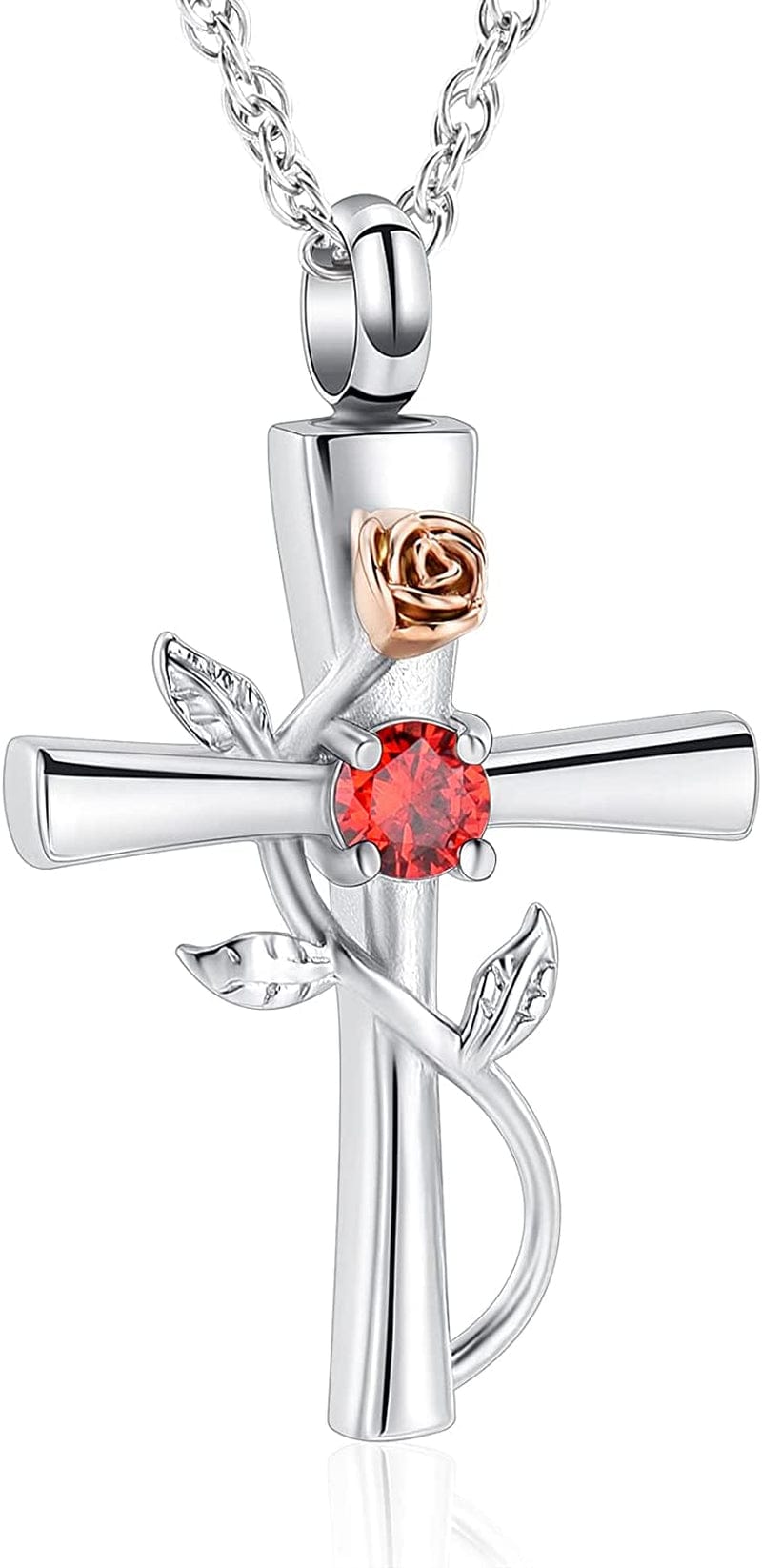 Shajwo Cross Urn Necklace for Ashes Birthstone Rose Flower Cremation Jewelry for Women Gilrs Keepsake Memorial Ashes Pendant Red