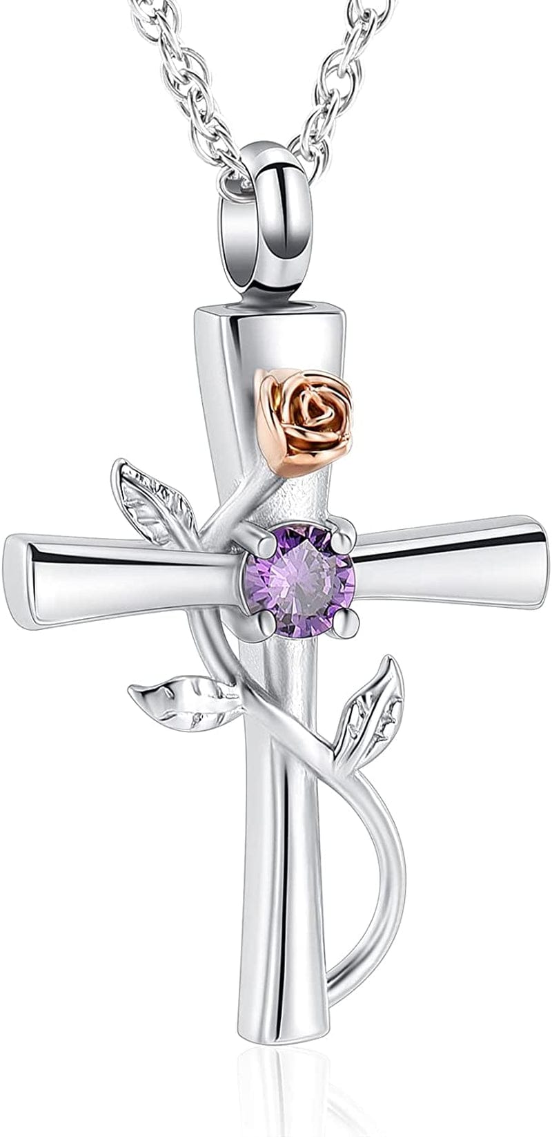 Shajwo Cross Urn Necklace for Ashes Birthstone Rose Flower Cremation Jewelry for Women Gilrs Keepsake Memorial Ashes Pendant Purple