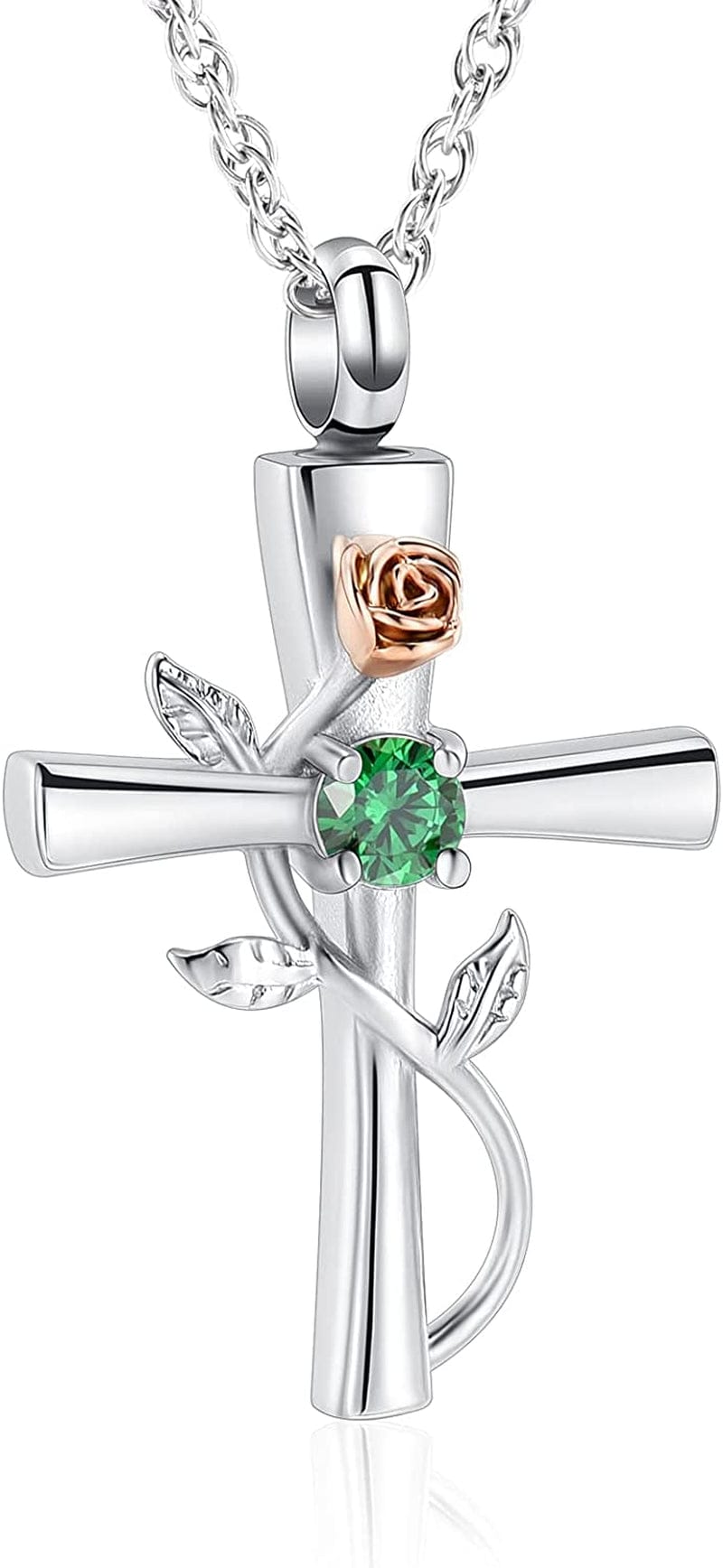 Shajwo Cross Urn Necklace for Ashes Birthstone Rose Flower Cremation Jewelry for Women Gilrs Keepsake Memorial Ashes Pendant Green