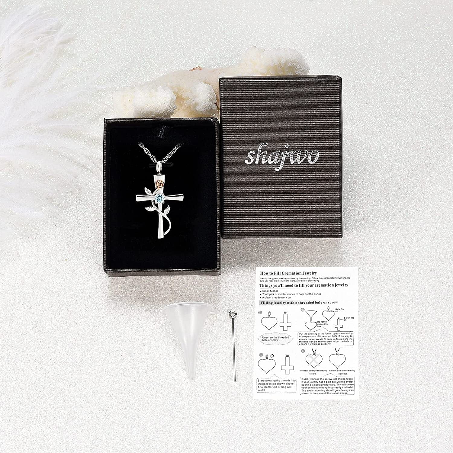 Shajwo Cross Urn Necklace for Ashes Birthstone Rose Flower Cremation Jewelry for Women Gilrs Keepsake Memorial Ashes Pendant