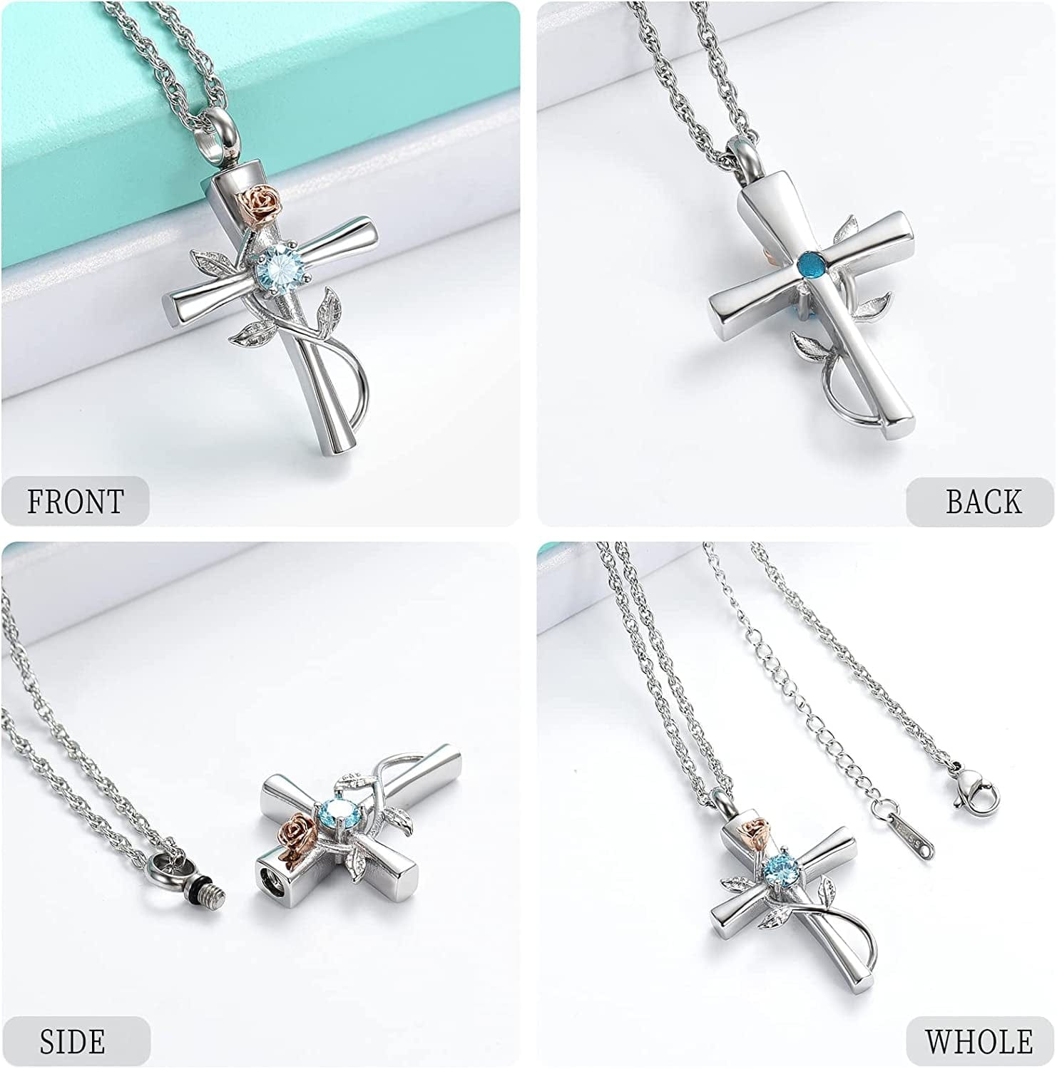 Shajwo Cross Urn Necklace for Ashes Birthstone Rose Flower Cremation Jewelry for Women Gilrs Keepsake Memorial Ashes Pendant