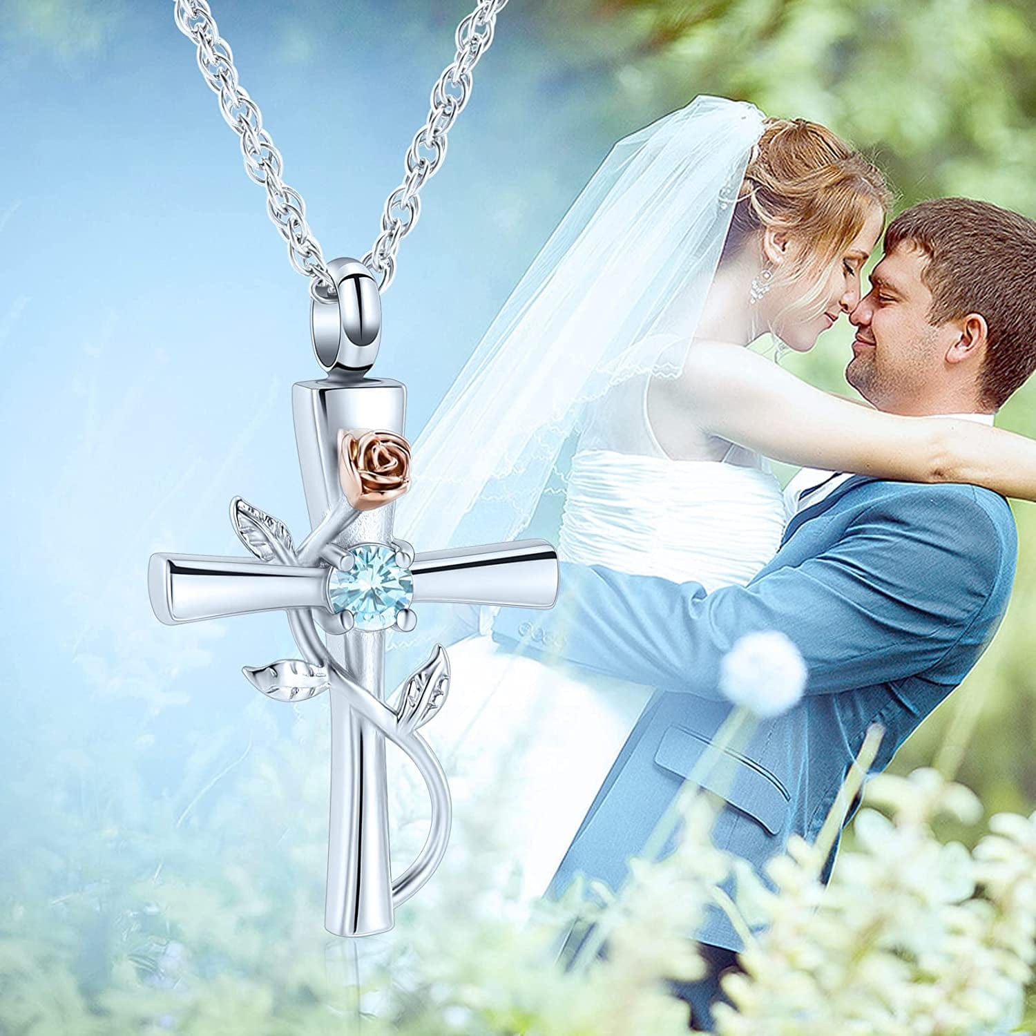 Shajwo Cross Urn Necklace for Ashes Birthstone Rose Flower Cremation Jewelry for Women Gilrs Keepsake Memorial Ashes Pendant