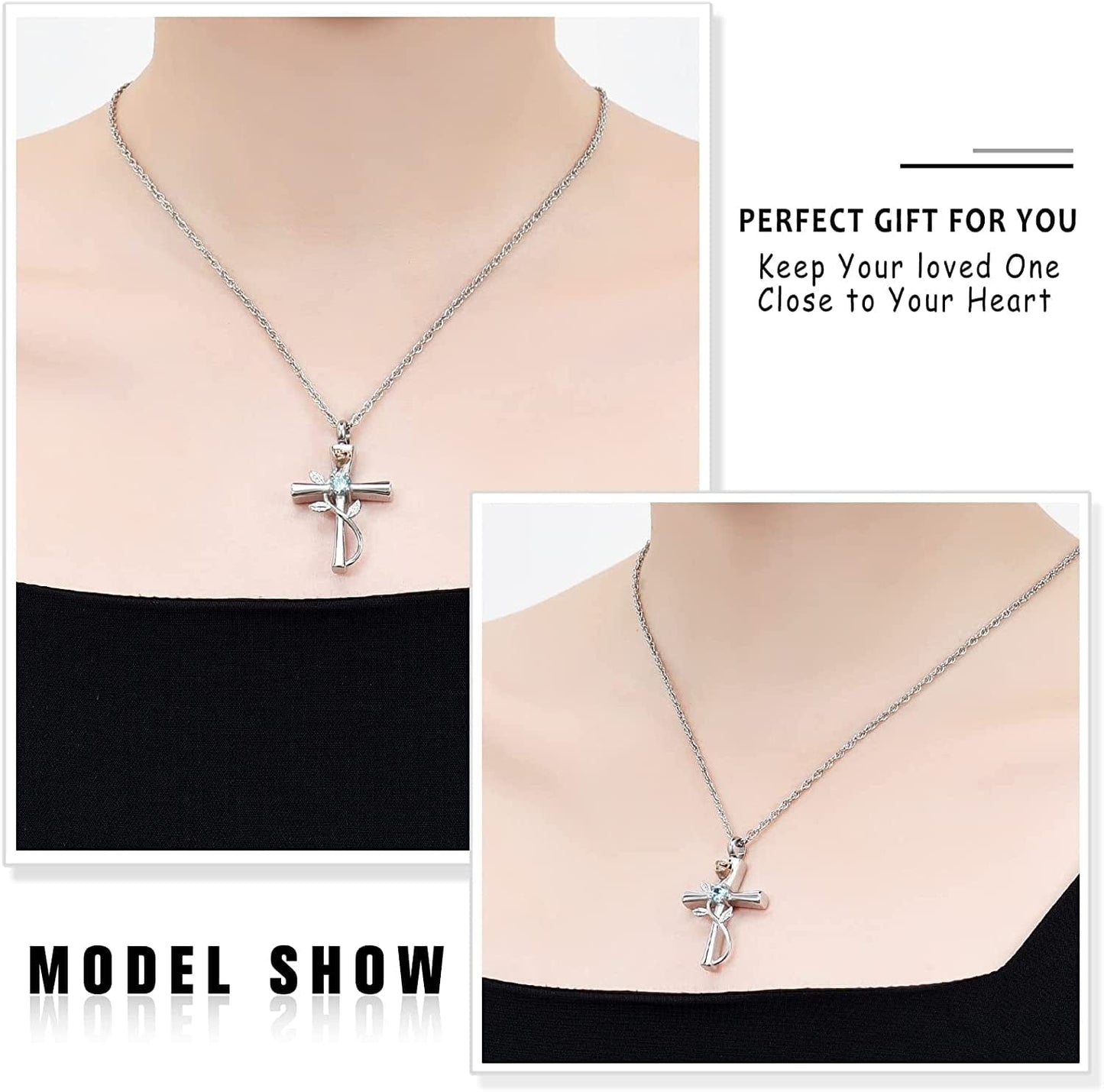 Shajwo Cross Urn Necklace for Ashes Birthstone Rose Flower Cremation Jewelry for Women Gilrs Keepsake Memorial Ashes Pendant