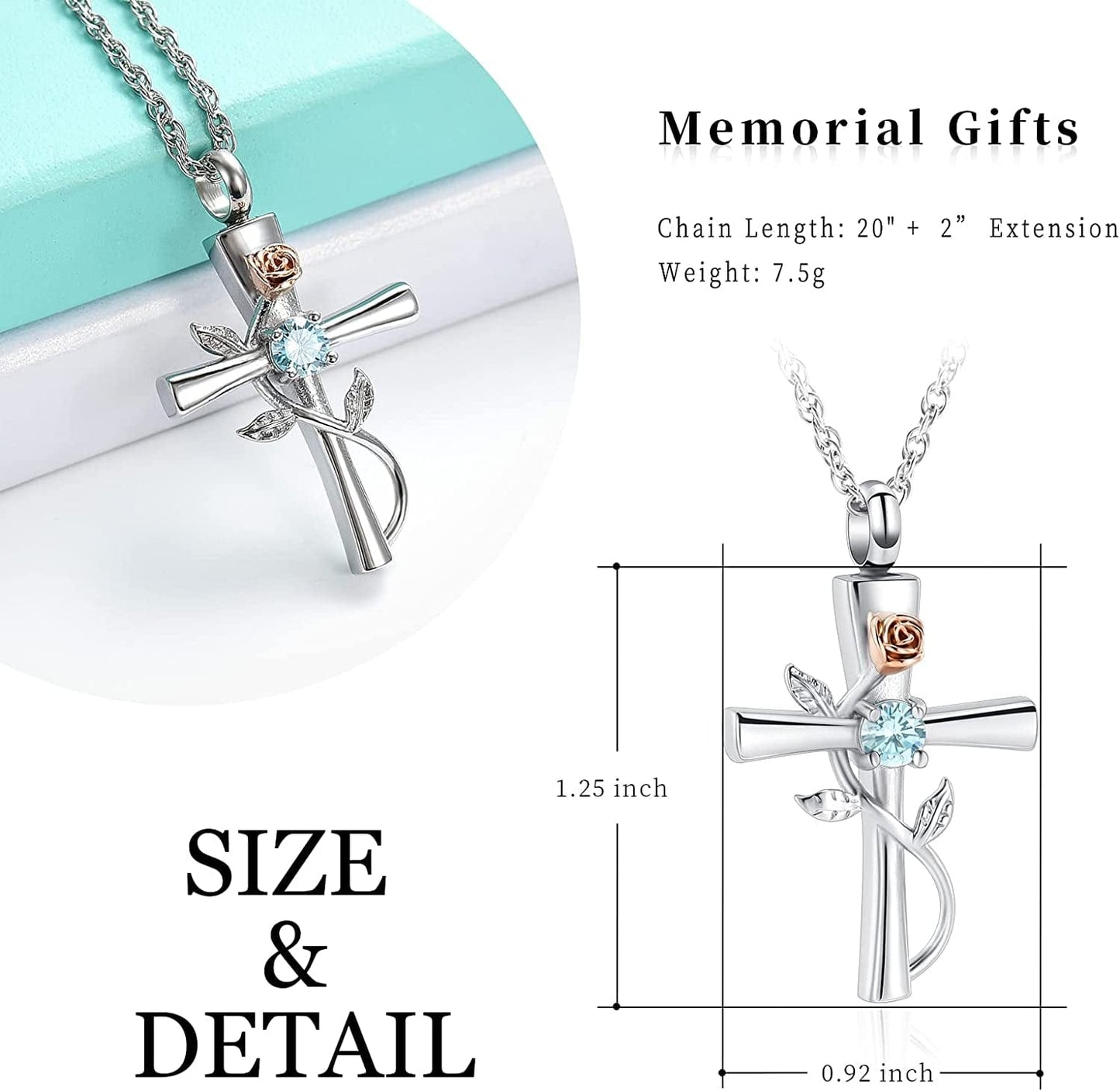 Shajwo Cross Urn Necklace for Ashes Birthstone Rose Flower Cremation Jewelry for Women Gilrs Keepsake Memorial Ashes Pendant
