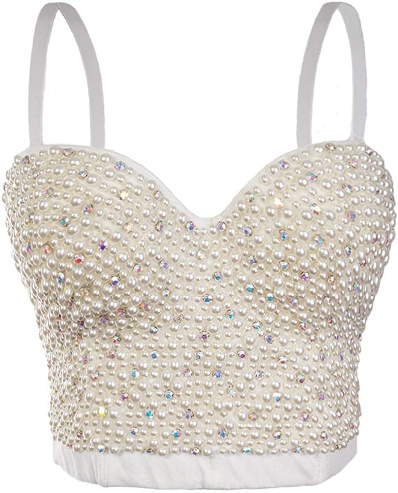 She'Smoda Women'S Rhinestone Beaded Push up Bustier Club Party Crop Top Vest White Pearls / Medium