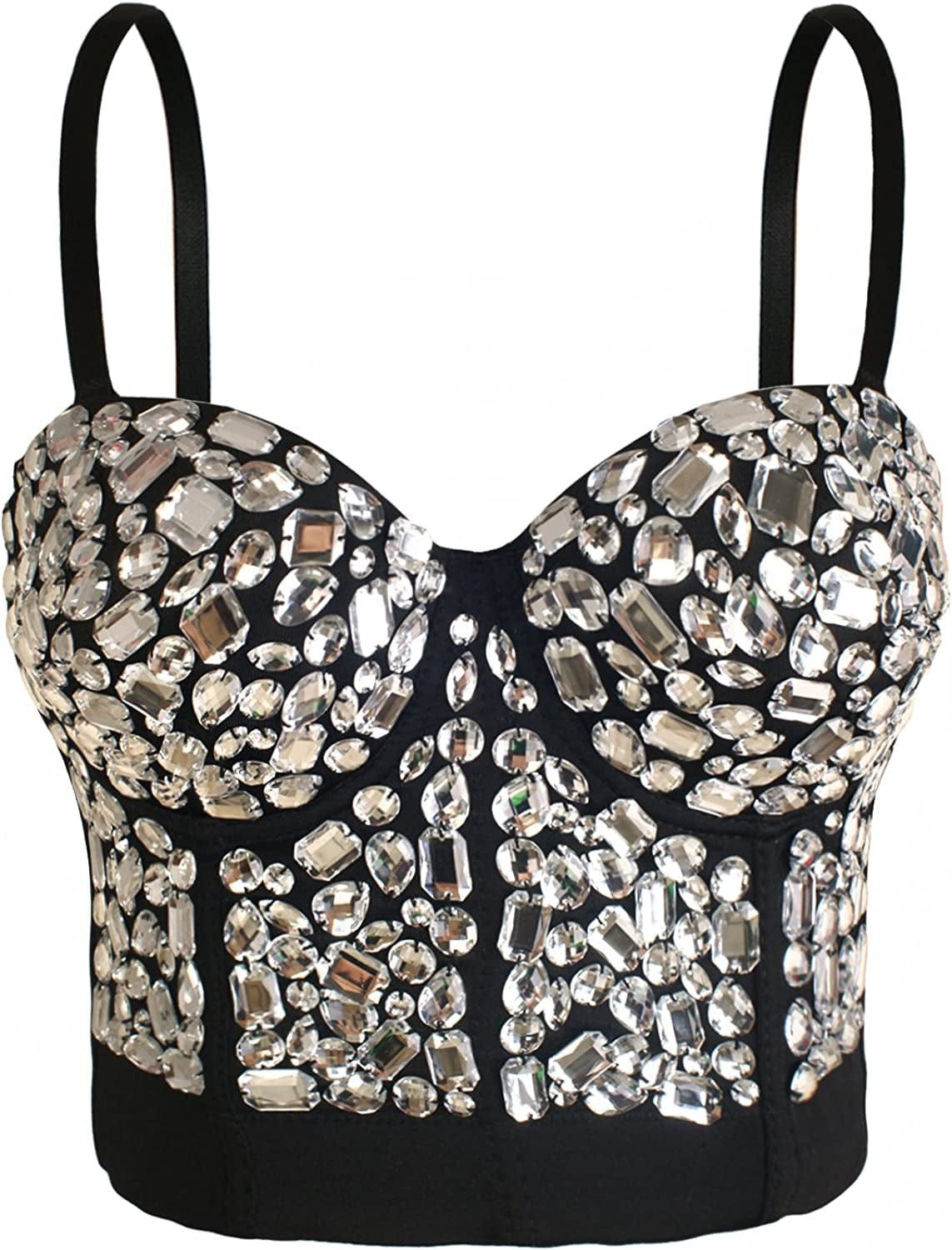 She'Smoda Women'S Rhinestone Beaded Push up Bustier Club Party Crop Top Vest Silver Rhinestones / Small