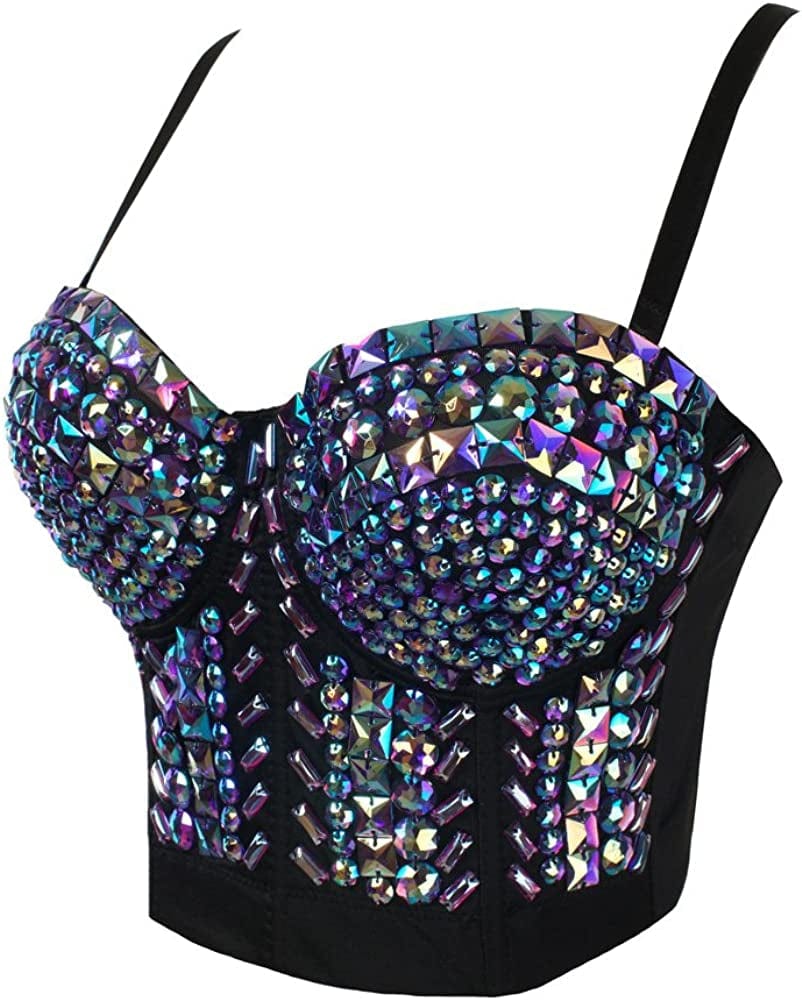 She'Smoda Women'S Rhinestone Beaded Push up Bustier Club Party Crop Top Vest