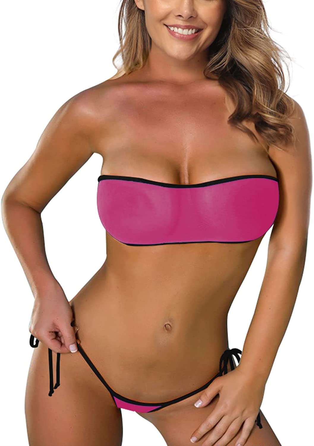 Sheer Bikini See through Bikinis Bandeau Top Mini Brazilian Thong Bottom Micro Mesh Bathing Suit Fuchsia Black