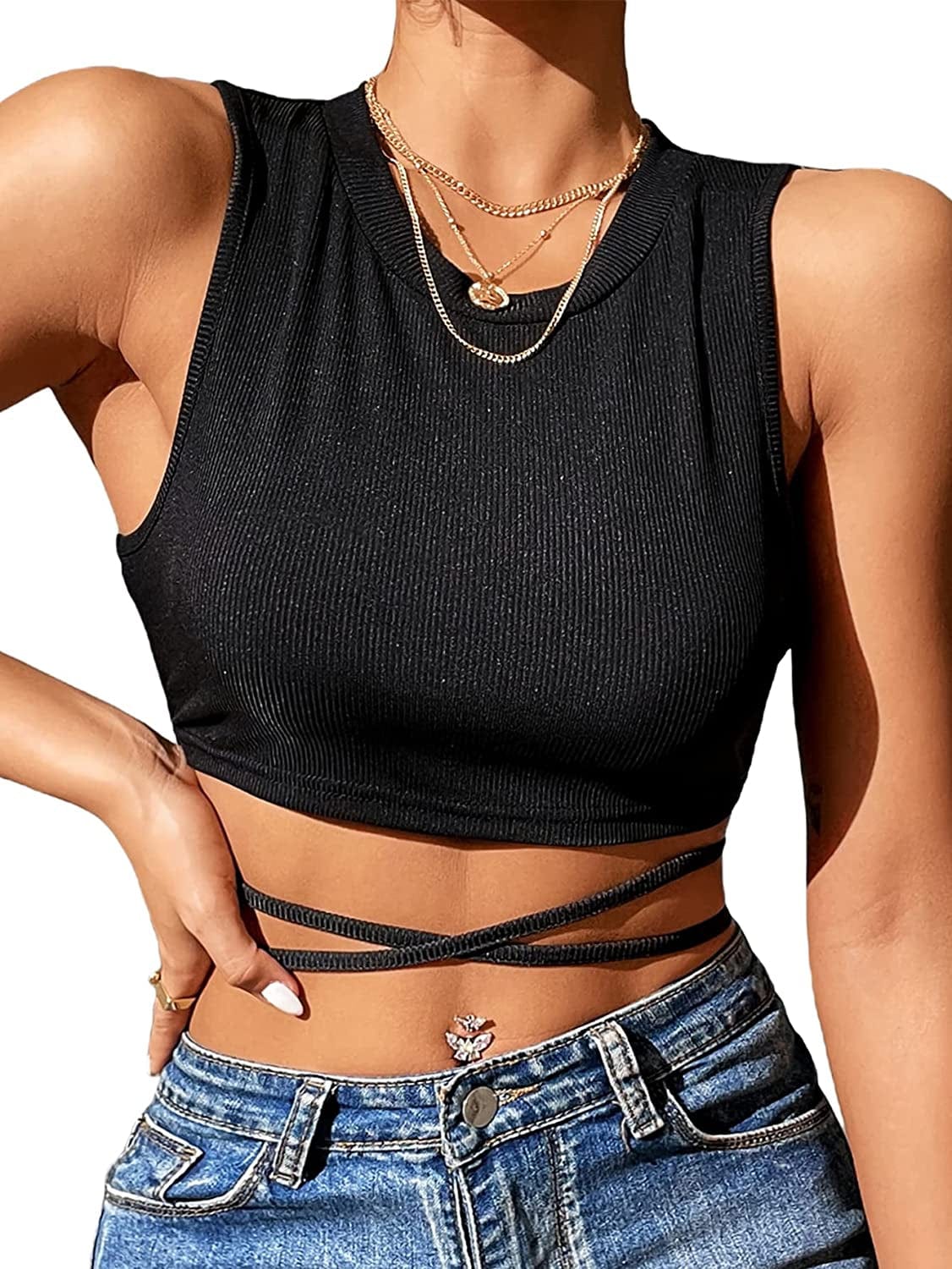 Shein Women'S Crisscross Tie Back Crop Top Sleeveless round Neck Tank Tops Solid Black / Large