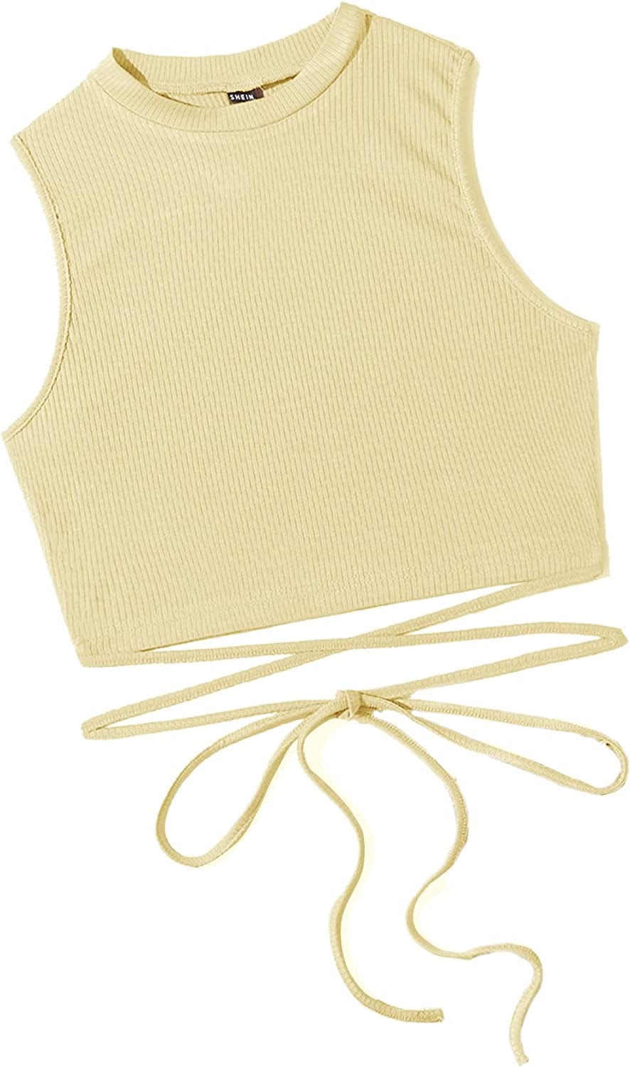 Shein Women'S Crisscross Tie Back Crop Top Sleeveless round Neck Tank Tops Yellow / X-Large