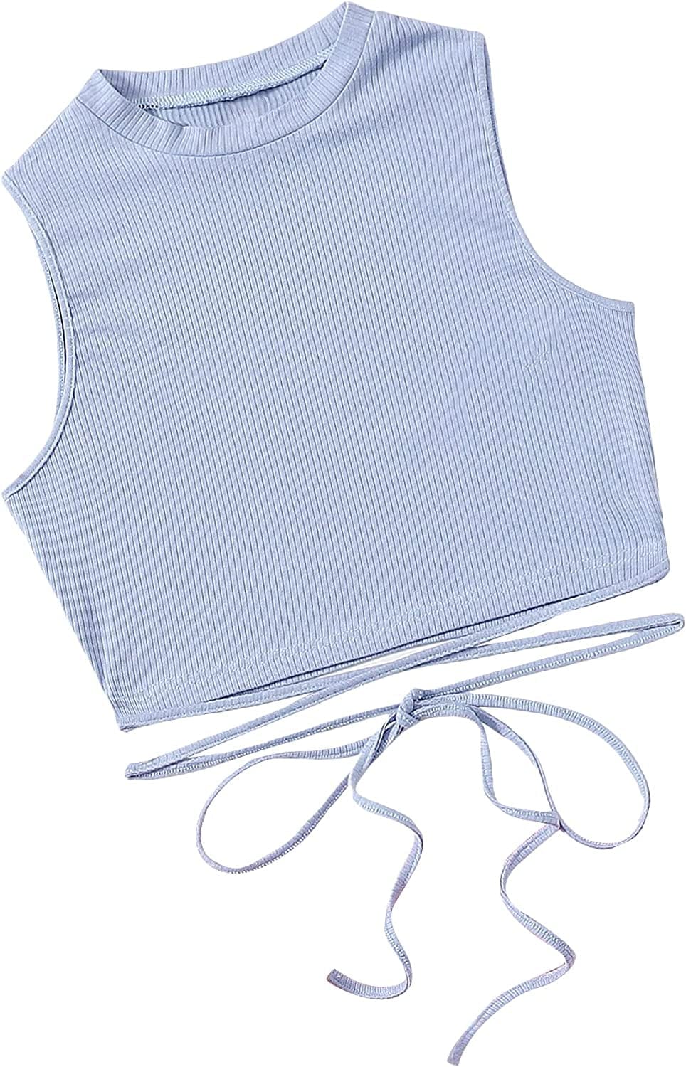 Shein Women'S Crisscross Tie Back Crop Top Sleeveless round Neck Tank Tops Light Blue / X-Large