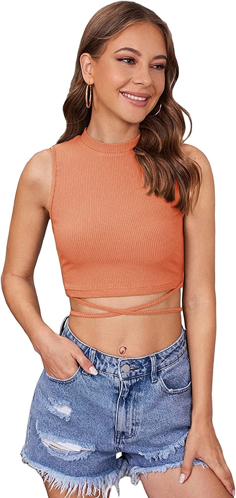 Shein Women'S Crisscross Tie Back Crop Top Sleeveless round Neck Tank Tops Solid Orange / X-Large