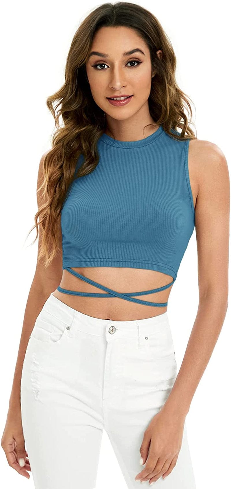 Shein Women'S Crisscross Tie Back Crop Top Sleeveless round Neck Tank Tops Royal Blue / X-Large