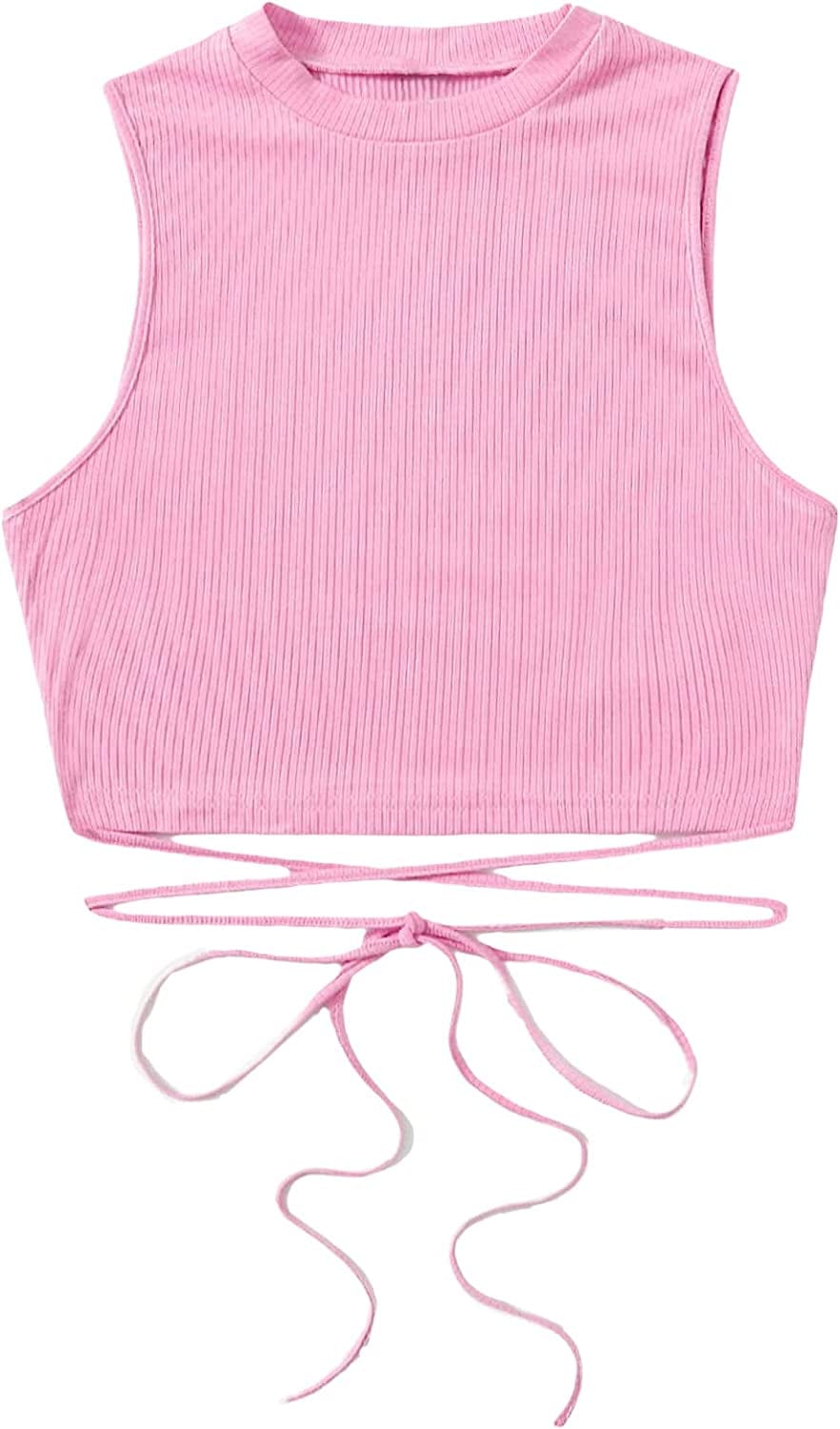 Shein Women'S Crisscross Tie Back Crop Top Sleeveless round Neck Tank Tops Pink / Medium