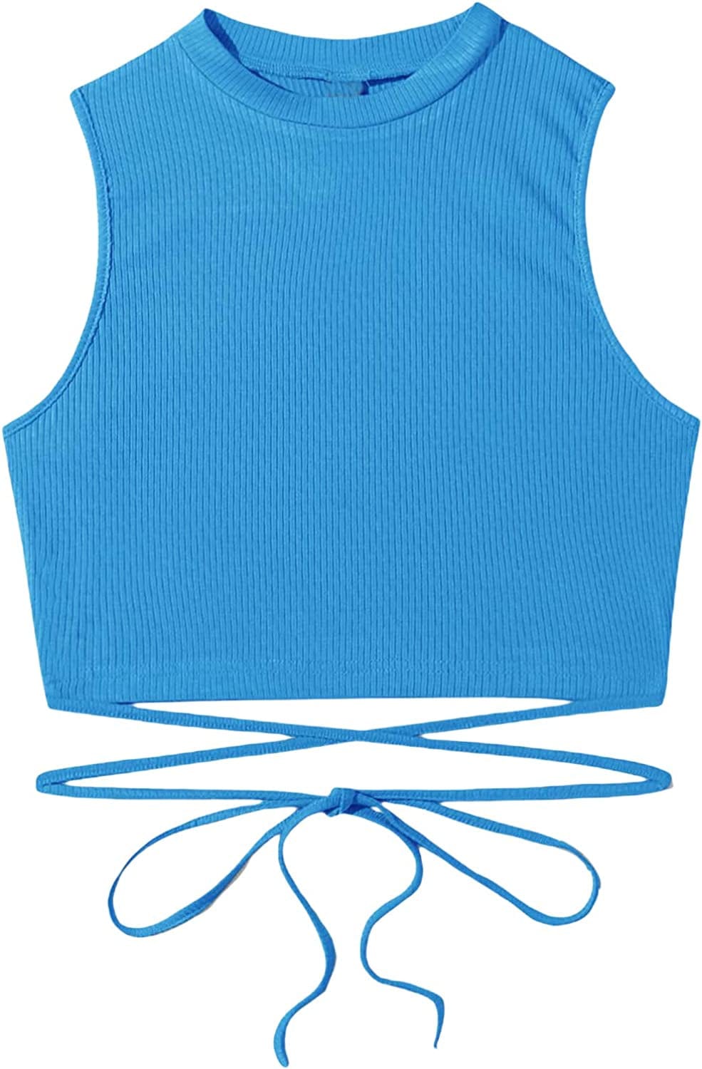 Shein Women'S Crisscross Tie Back Crop Top Sleeveless round Neck Tank Tops Blue / X-Large