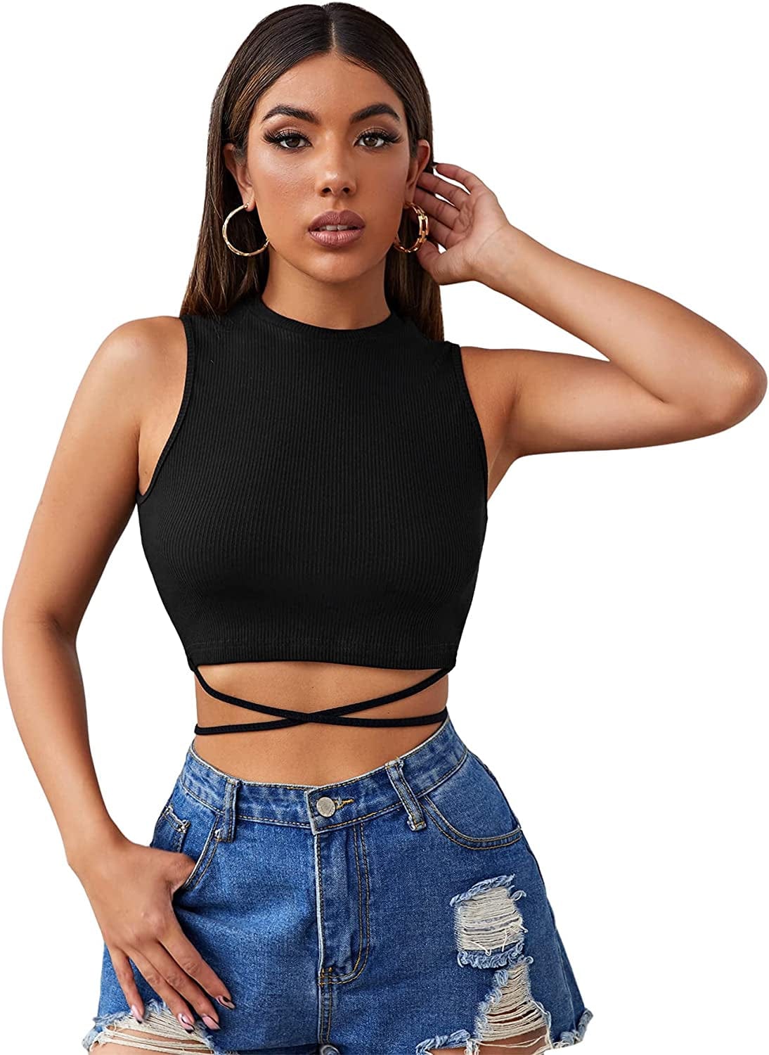 Shein Women'S Crisscross Tie Back Crop Top Sleeveless round Neck Tank Tops Black / X-Large