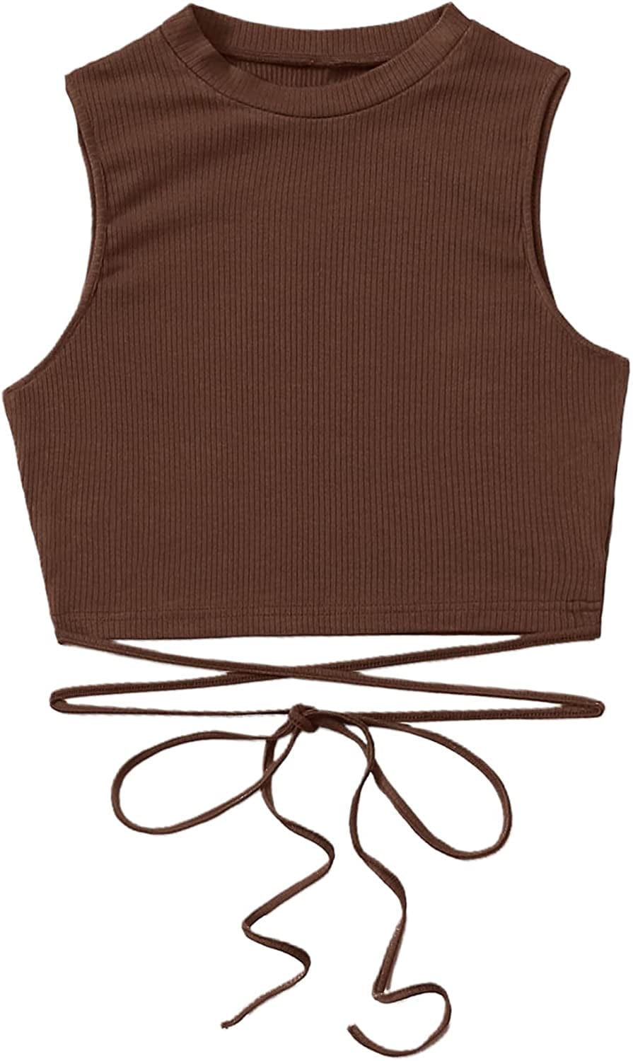 Shein Women'S Crisscross Tie Back Crop Top Sleeveless round Neck Tank Tops Coffee Brown / X-Large