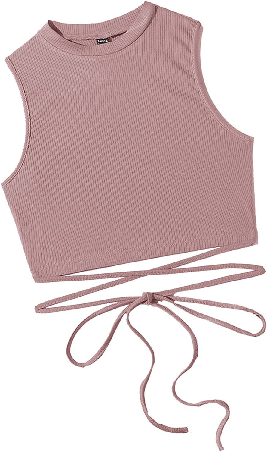 Shein Women'S Crisscross Tie Back Crop Top Sleeveless round Neck Tank Tops Solid Pink / X-Large